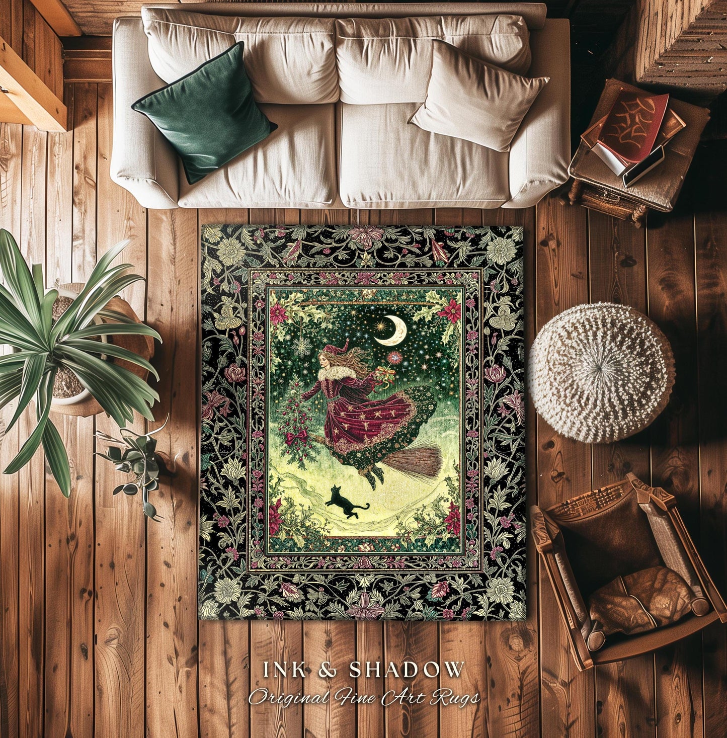 Snowy Magic Celestial Witch Rug | Gothic Magic Black Cat Bedroom Accent Broomstick Ride Moon Stars Botanical Frame Mystical Folklore Art |