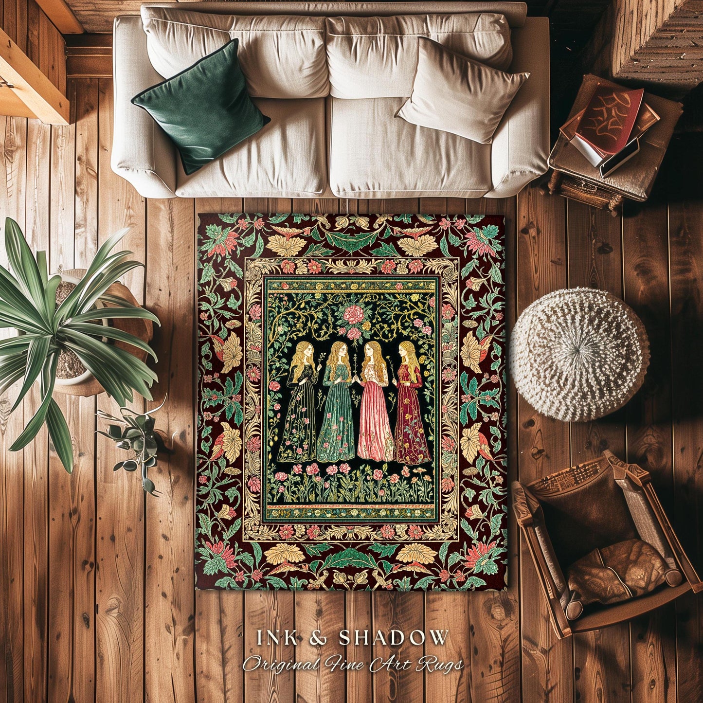 Renaissance Witch Coven Area Rug | Whimsical Folklore Enchanted Floral Bedroom Accent Spellbound Gothic Art Mystic Academia Fairytale Decor