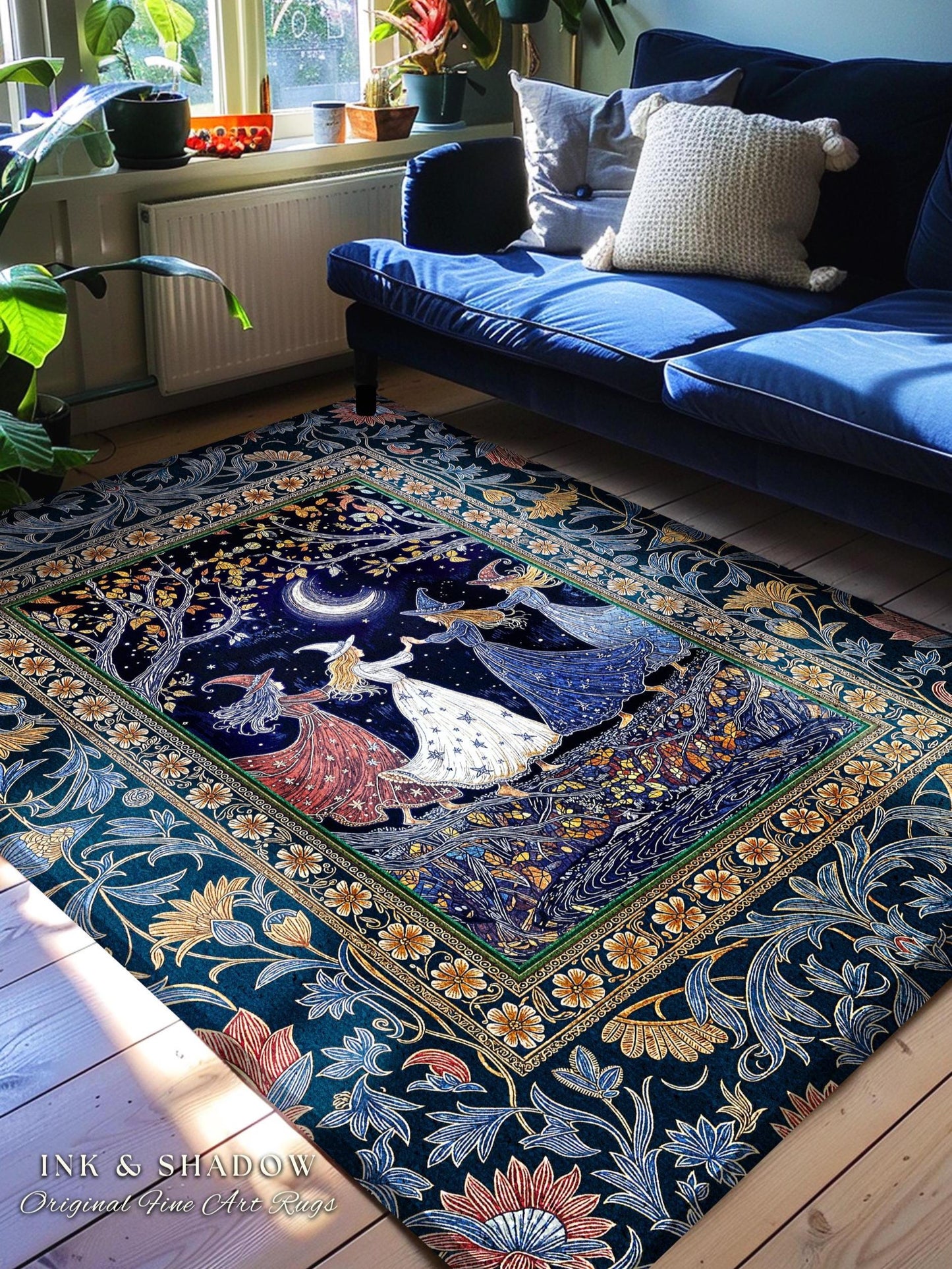 Moonlit Magic Witches Area Rug | Medieval Fairytale Floral Enchanted Witchcore Baroque Dark Folk Art Home Decor Occult Boho Bedroom Accent |