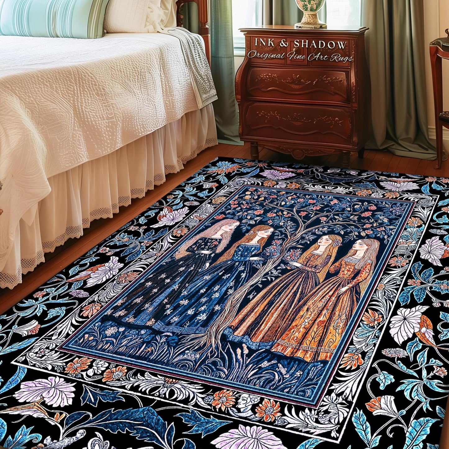 Enchanted Sisterhood Folklore Area Rug | Moody Bedroom Dark Enchantment Witchy Bedroom Accent Rug Mythical Aesthetic Folk Art Dreamy Decor |