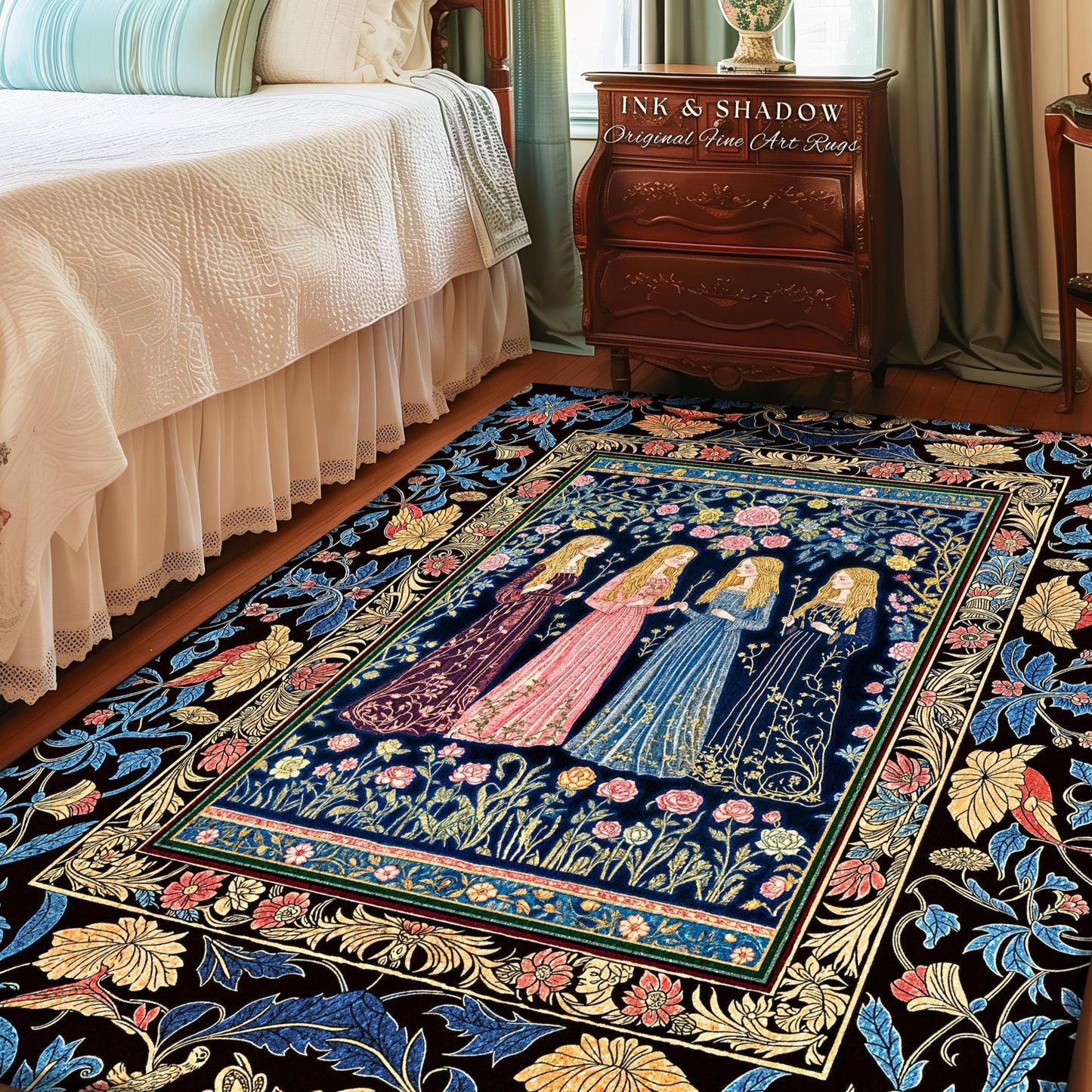 Bohemian Botanical Witch Area Rug | Enchanted Folklore Fairytale Witchcore Floral Medieval Dark Academia Ethereal Goddess Style Bedroom |