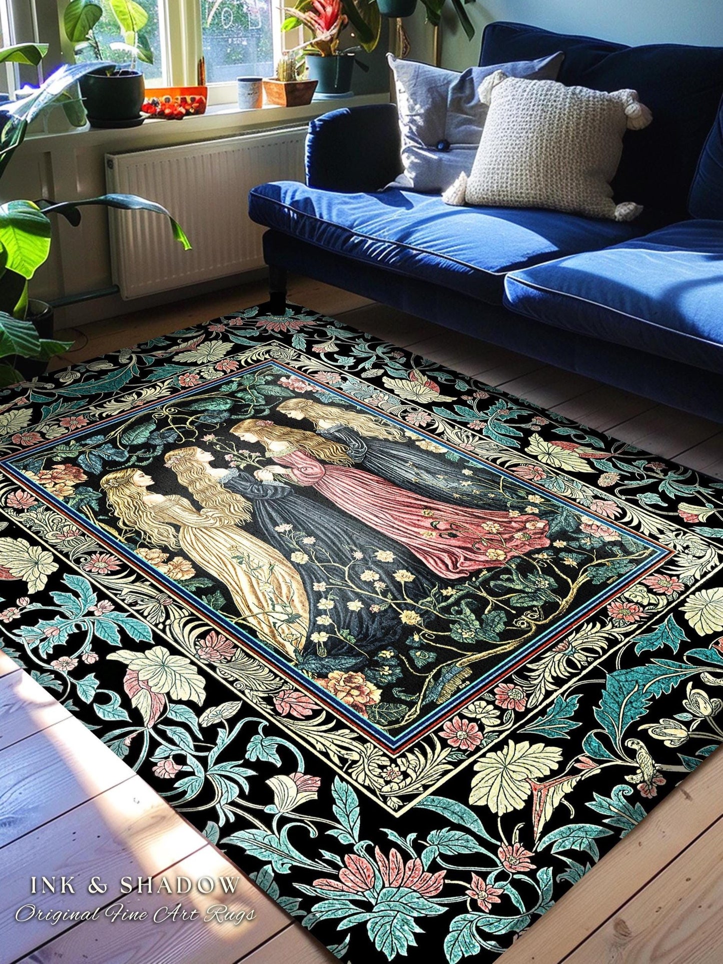 Wiccan Botanical Style Accent Rug | Medieval Celestial Dark Cottagecore Folklore Sisterhood Magic Witchy Bedroom Enchanted Boho Aesthetic |
