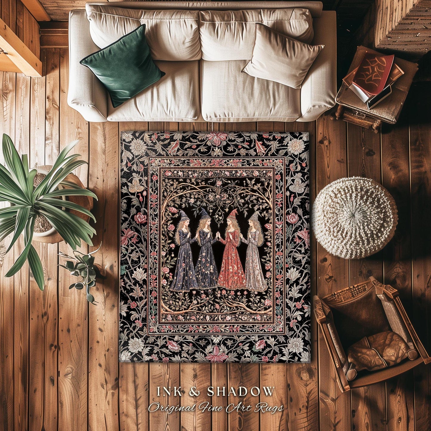 Enchanted Maidens Rustic Area Rug | Mystical Folklore Floral Gothic Art Nouveau Bedroom Rug Ethereal Coven Magic Dark Boho Aesthetic Decor