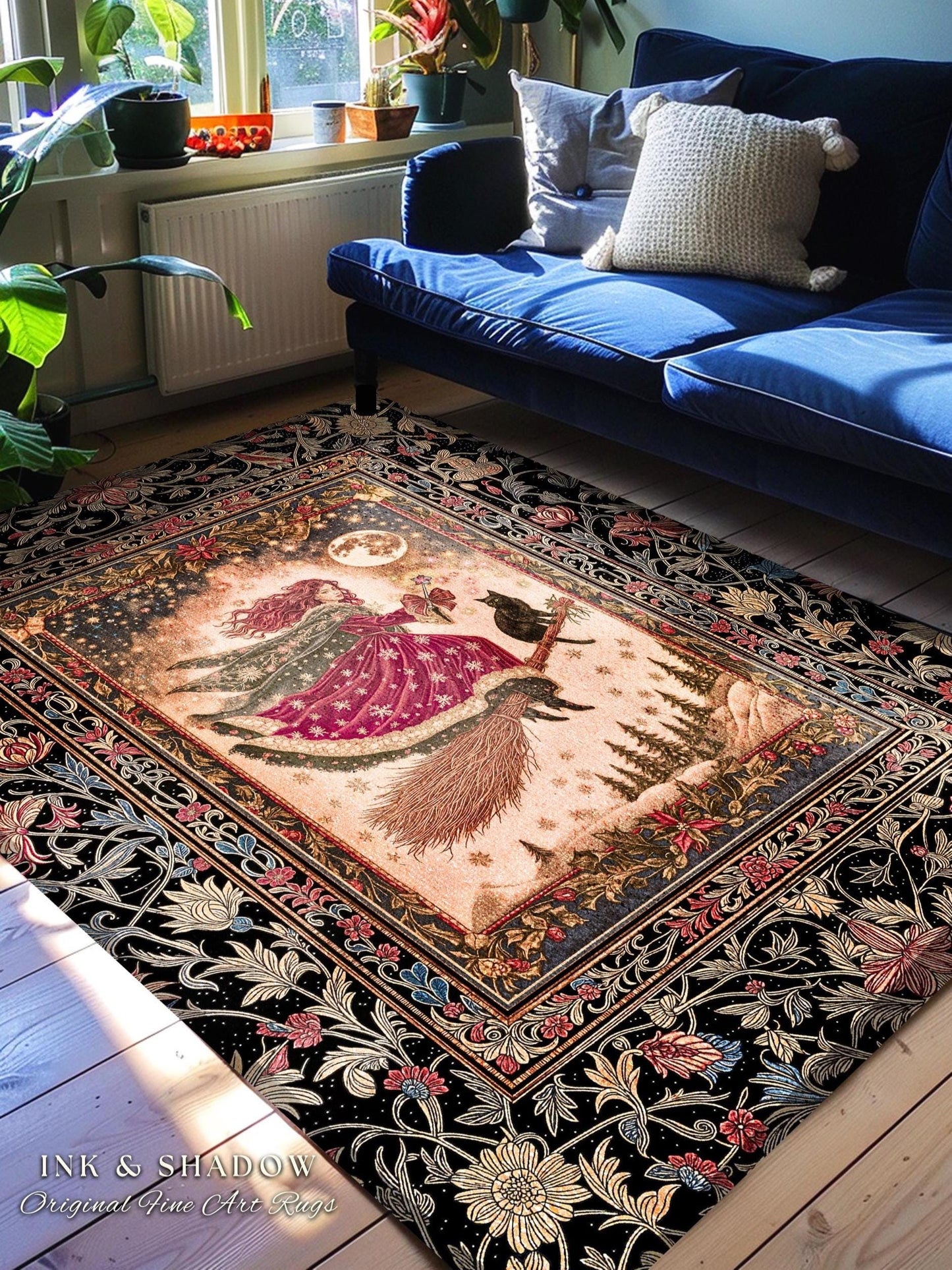 Mystical Black Cat Witch Area Rug | Fairytale Decor Gothic Cottagecore Broomstick Halloween Whimsy Gothic Maximalist Aesthetic Accent Rustic