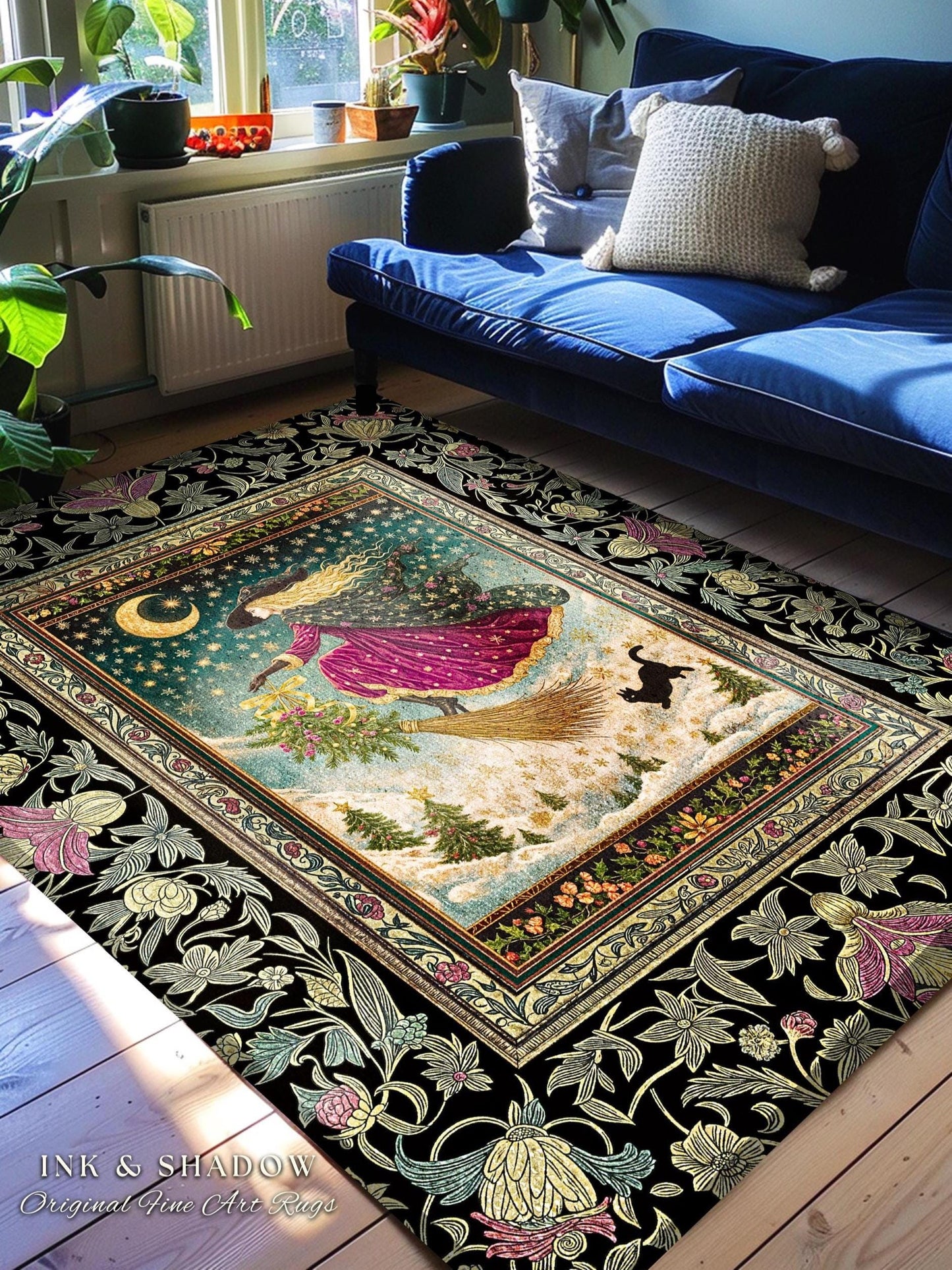 Snowy Moonlit Night Witchy Rug | Celestial Cat Gothic Decor Broomstick Ride Whimsigoth Magic Cottagecore Folk Aesthetic Bedroom Accent Rug |