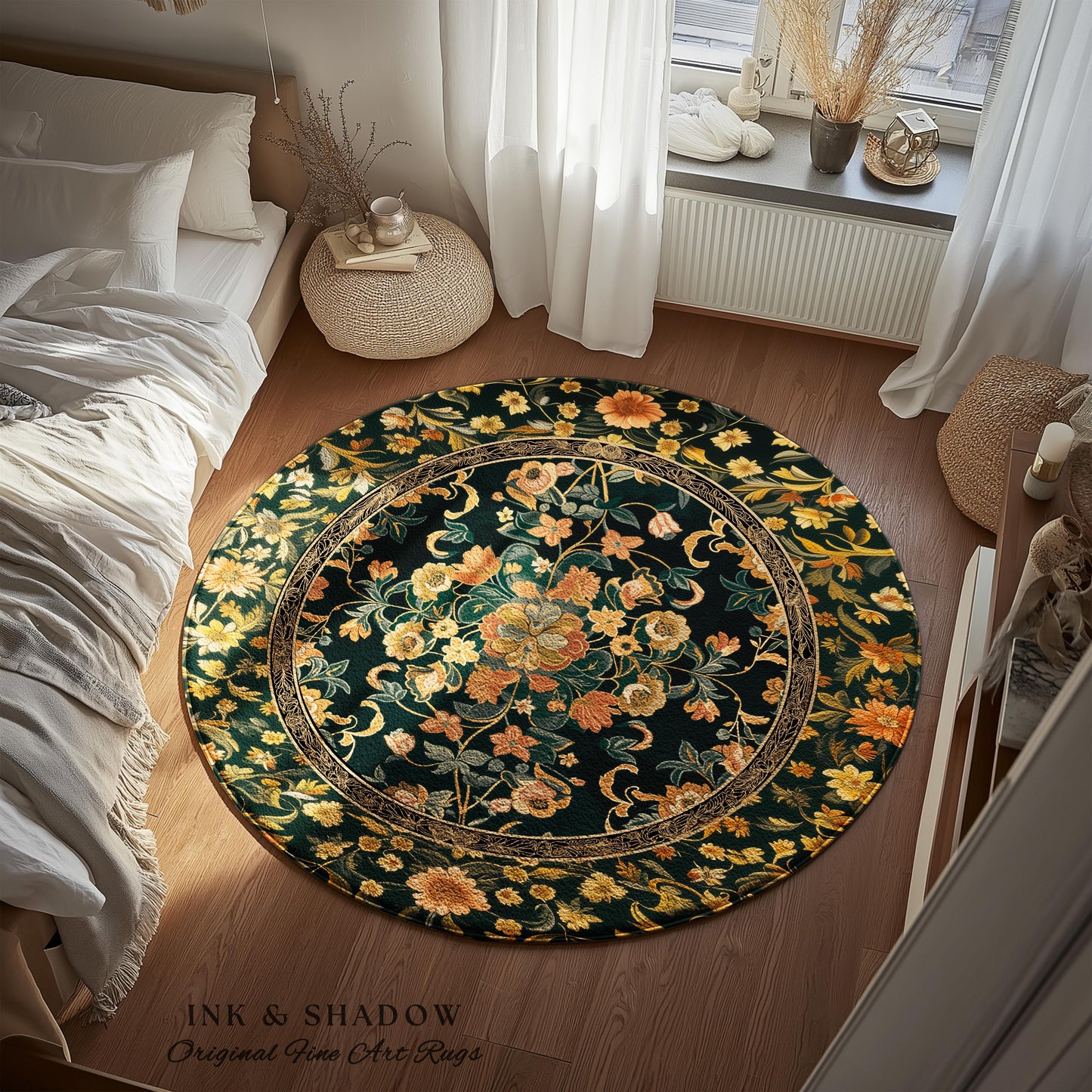 Dark Floral Cottagecore Rug | Bohemian Aesthetic Living Room Home Decor Rustic Housewarming Gift Cottagecore Earth Tone Bedroom Floor Mat