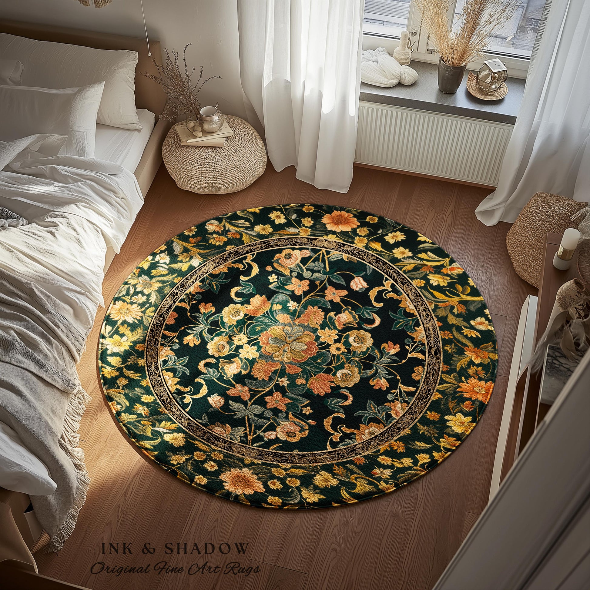 Dark Floral Cottagecore Rug | Bohemian Aesthetic Living Room Home Decor Rustic Housewarming Gift Cottagecore Earth Tone Bedroom Floor Mat
