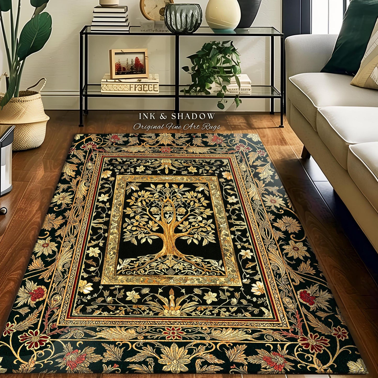 Regal Golden Tree of Life Accent Rug | Gilt Border Ornate Medieval Design Folklore Style Woodland Decor Maximalist Area Rug Nordic Aesthetic