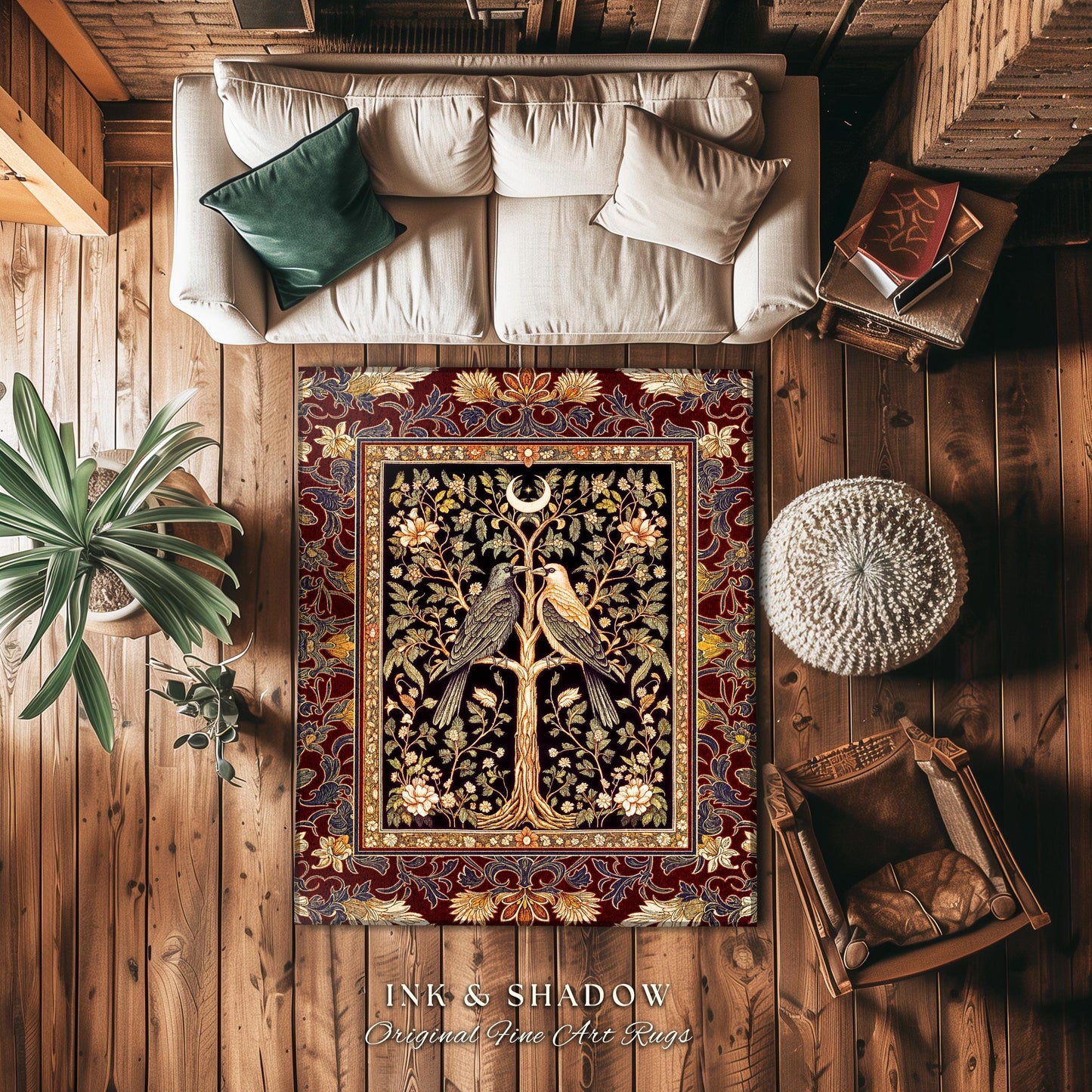 Scandinavian Gothic Crow Accent Rug | Gothic Bohemian Whimsigothic Aesthetic Classical Vibes Dark Witch Bedroom Accent Baroque Maximalist |