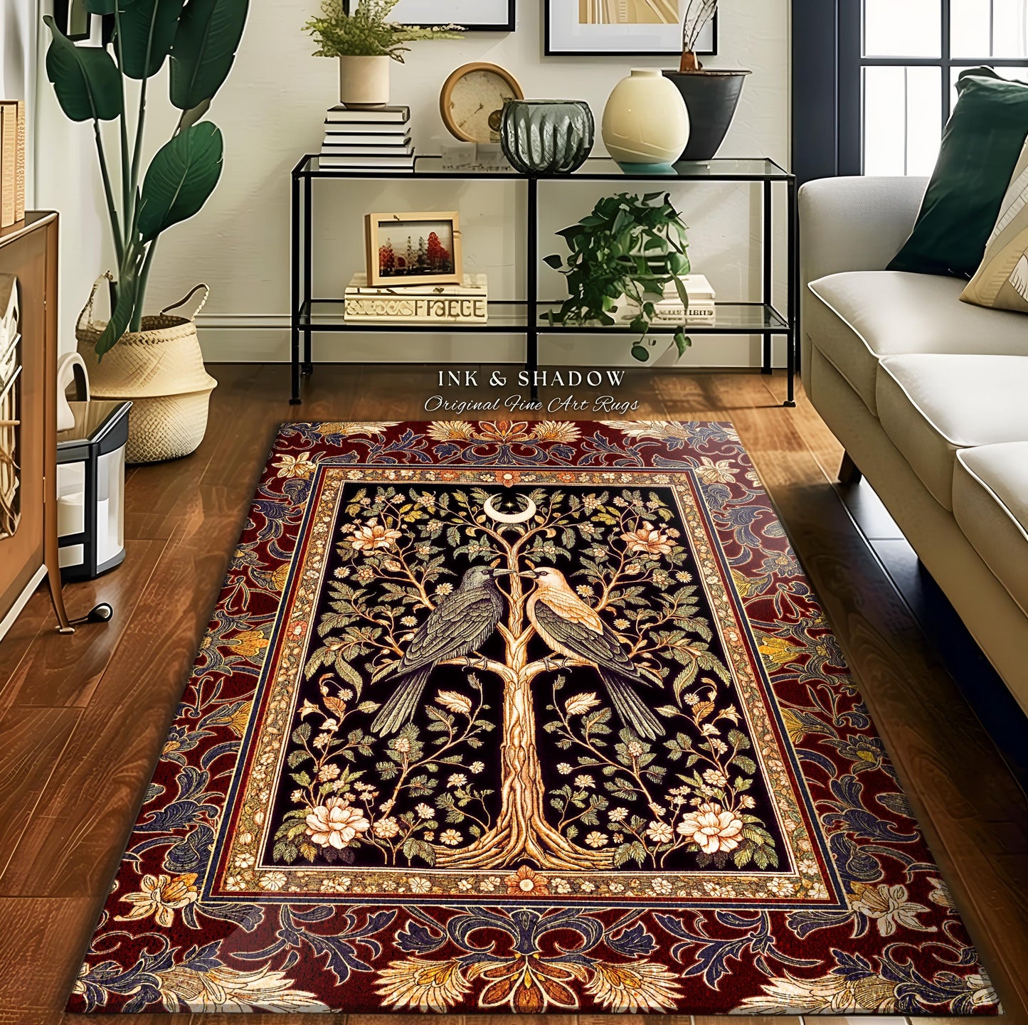 Scandinavian Gothic Crow Accent Rug | Gothic Bohemian Whimsigothic Aesthetic Classical Vibes Dark Witch Bedroom Accent Baroque Maximalist |