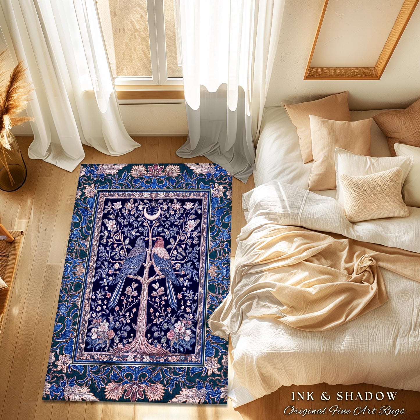 Moody Violet Raven Accent Rug | Gothic Floral Nighttime Celestial Style Pastel Aesthetic Baroque Witchy Academic Bedroom Purple Dreamy Decor