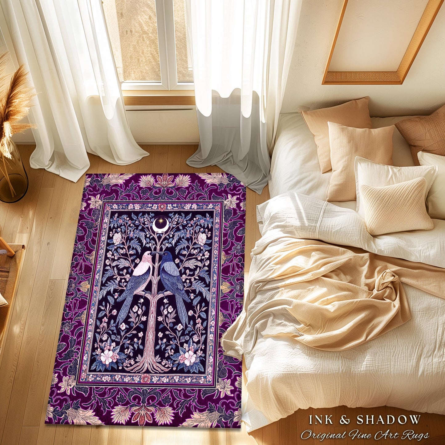 Witchy Purple Moonlit Raven Area Rug | Gothic Floral Moody Whimsical Dark Folklore Baroque Bedroom Accent Autumnal Whimsigothic Style Dorm |