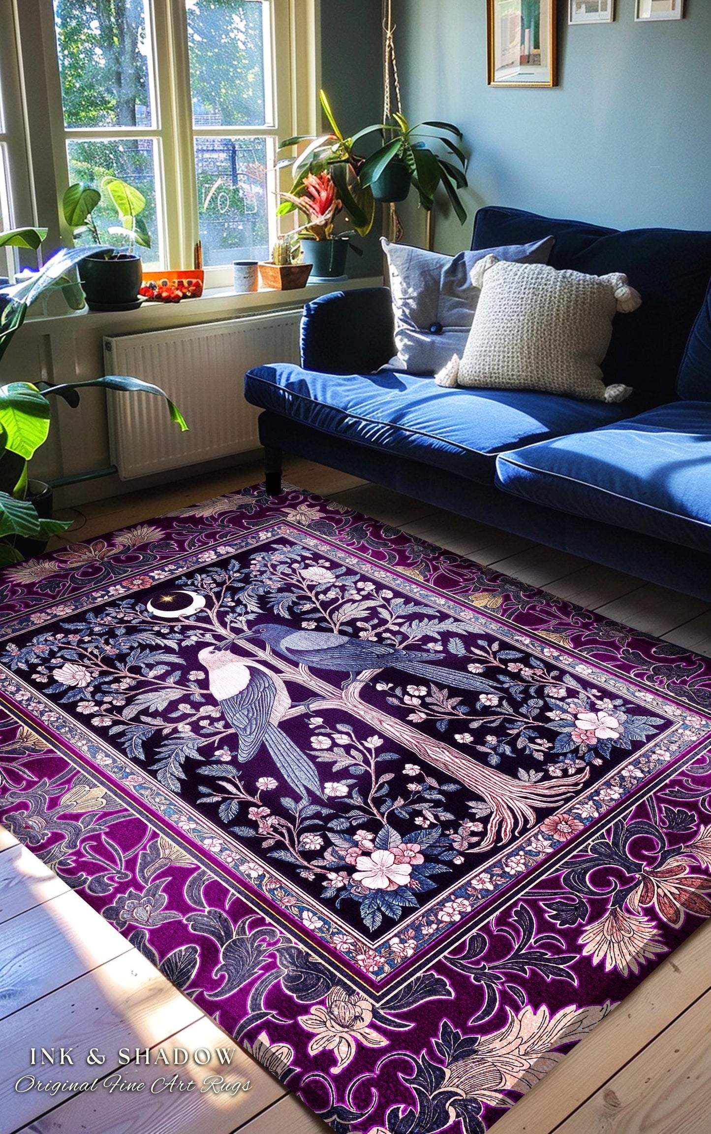 Witchy Purple Moonlit Raven Area Rug | Gothic Floral Moody Whimsical Dark Folklore Baroque Bedroom Accent Autumnal Whimsigothic Style Dorm |