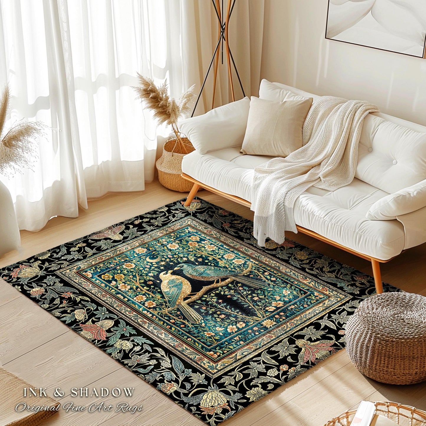 Rustic Celestial Garden Crow Rug | Maximalist Baroque Fairytale Cottagecore Aesthetic Raven Pair Storybook Enchanted Bedroom Accent Bohemian
