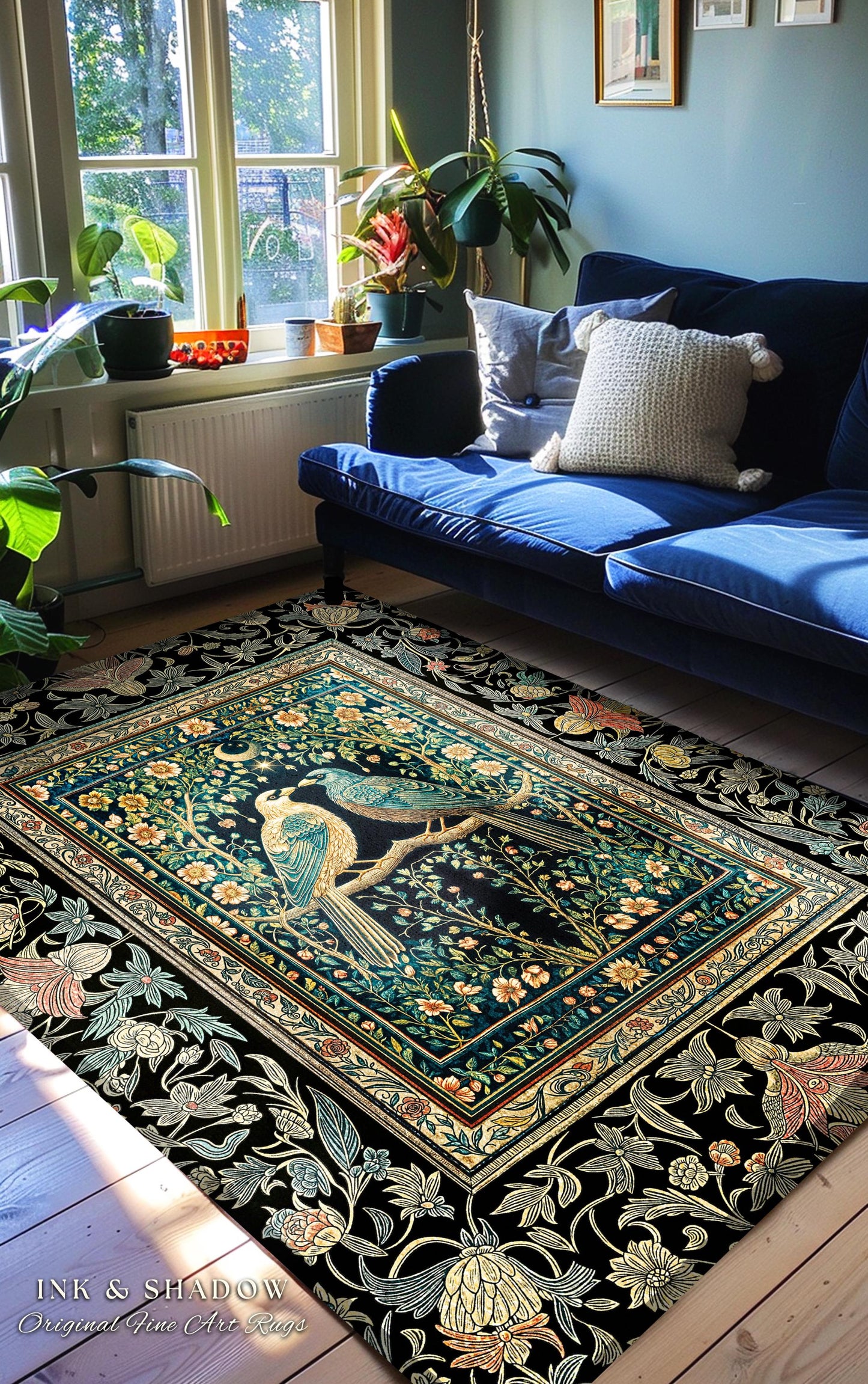 Rustic Celestial Garden Crow Rug | Maximalist Baroque Fairytale Cottagecore Aesthetic Raven Pair Storybook Enchanted Bedroom Accent Bohemian