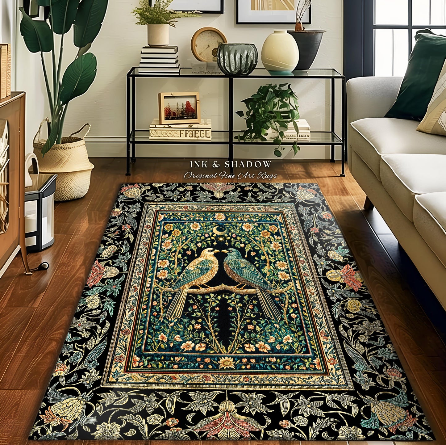 Rustic Celestial Garden Crow Rug | Maximalist Baroque Fairytale Cottagecore Aesthetic Raven Pair Storybook Enchanted Bedroom Accent Bohemian