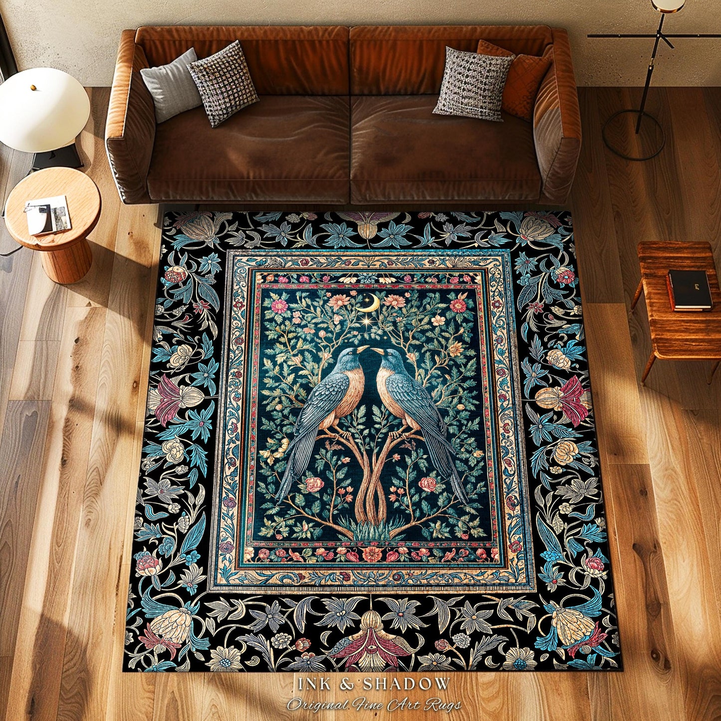 Baroque Celestial Gothic Crow Rug | Dark Academia Victorian Raven Decor Forest Cottagecore Aesthetic Cozy Moody Accent Enchanted Style Room