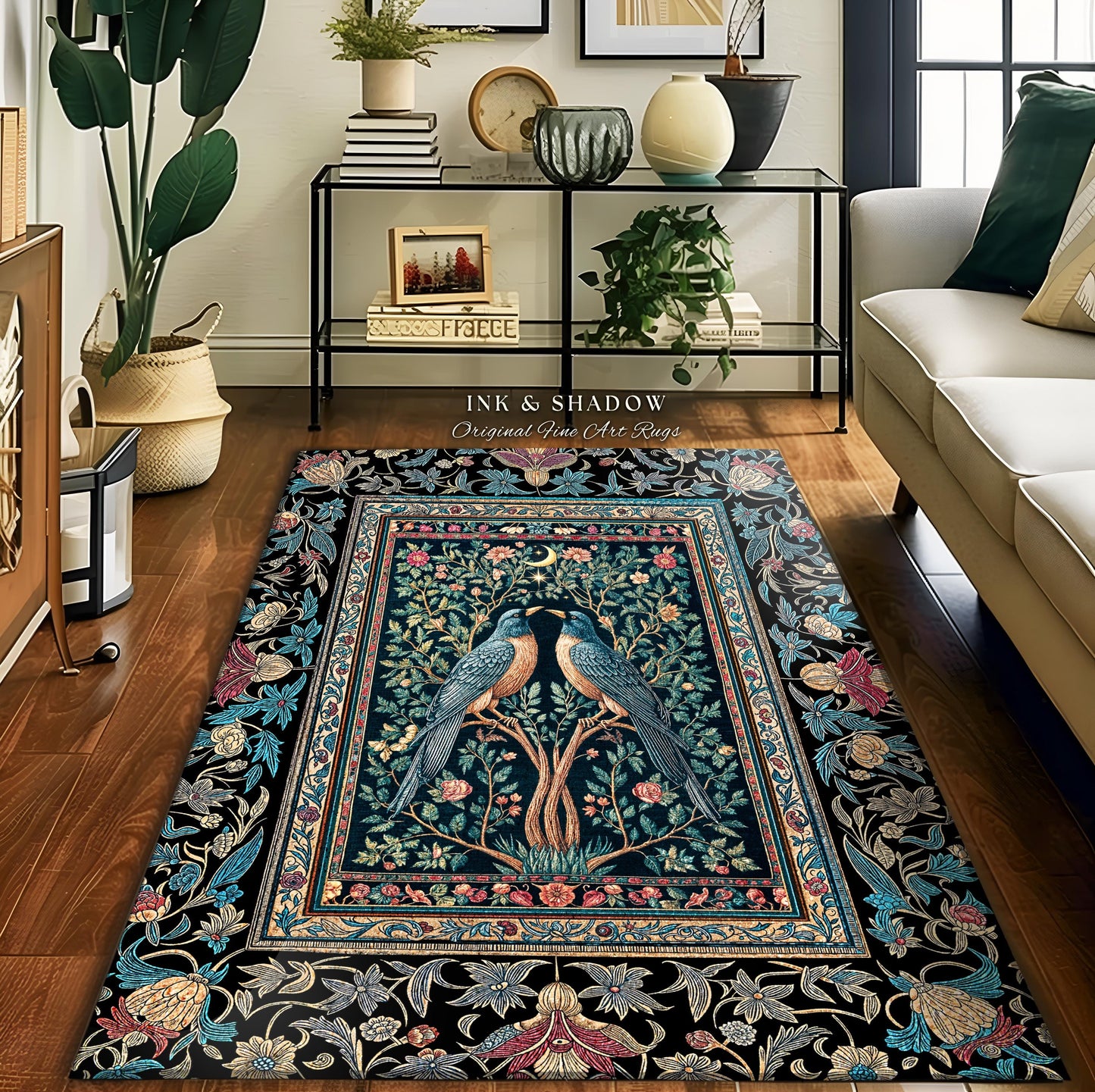 Baroque Celestial Gothic Crow Rug | Dark Academia Victorian Raven Decor Forest Cottagecore Aesthetic Cozy Moody Accent Enchanted Style Room