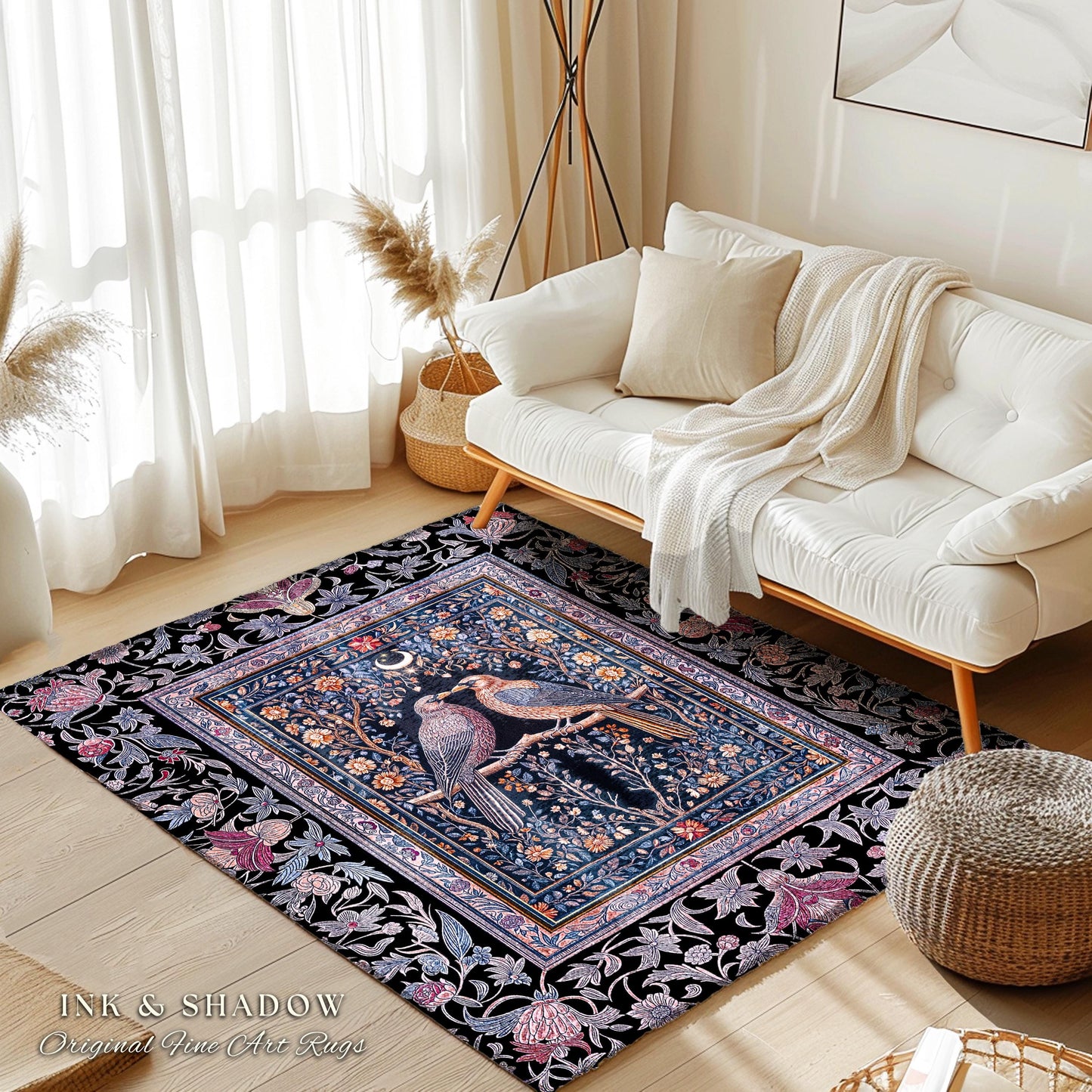 Gothic Victorian Lavender Crow Rug | Baroque Cottagecore Bedroom Accent Whimsical Dark Academia Decor Cozy Enchanted Raven Lovers Fairytale