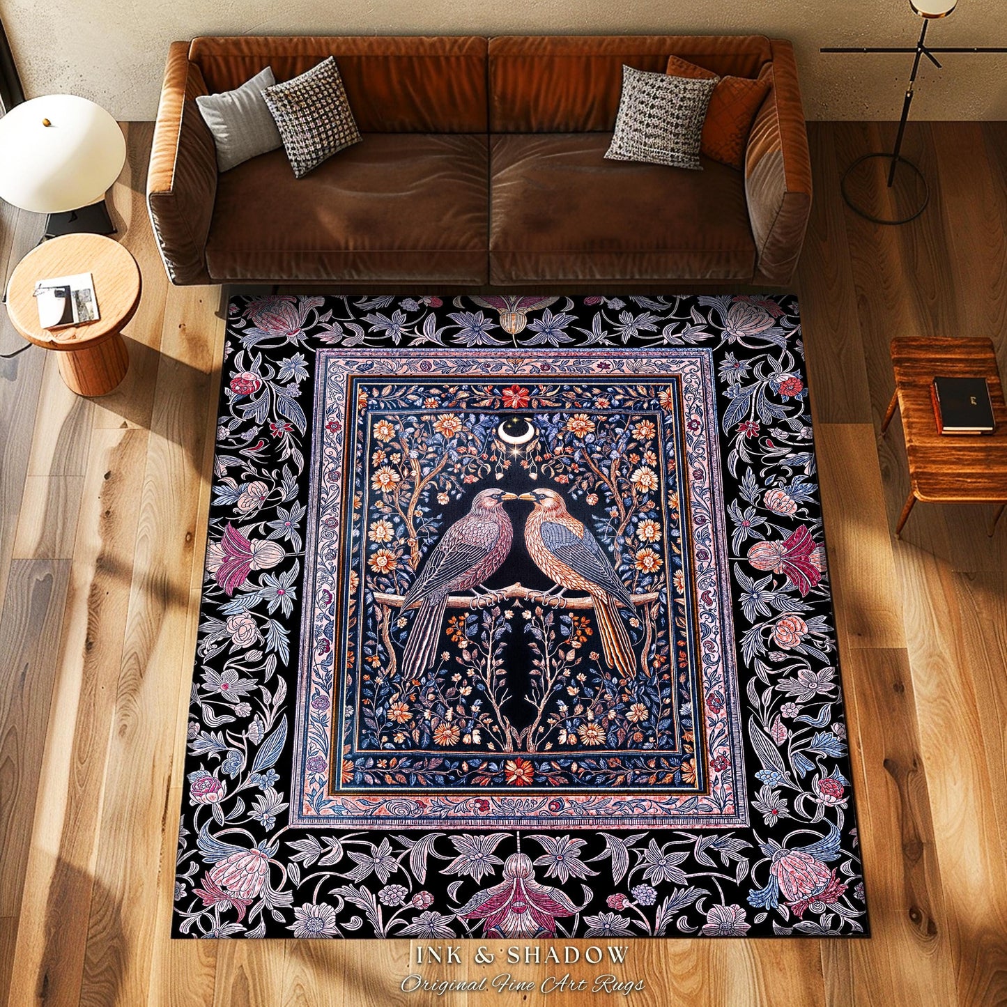 Gothic Victorian Lavender Crow Rug | Baroque Cottagecore Bedroom Accent Whimsical Dark Academia Decor Cozy Enchanted Raven Lovers Fairytale