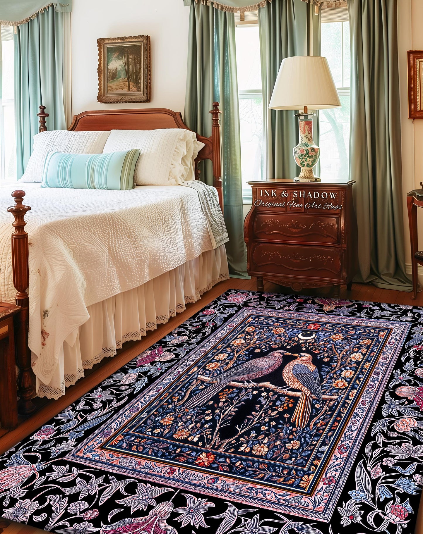 Gothic Victorian Lavender Crow Rug | Baroque Cottagecore Bedroom Accent Whimsical Dark Academia Decor Cozy Enchanted Raven Lovers Fairytale
