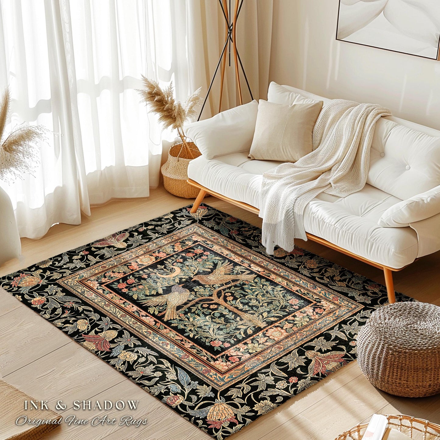 Fairytale Forest Crowcore Accent Rug | Baroque Cottagecore Style Celestial Raven Lovers Decor Cozy Dark Academia Inspired Enchanted Style |