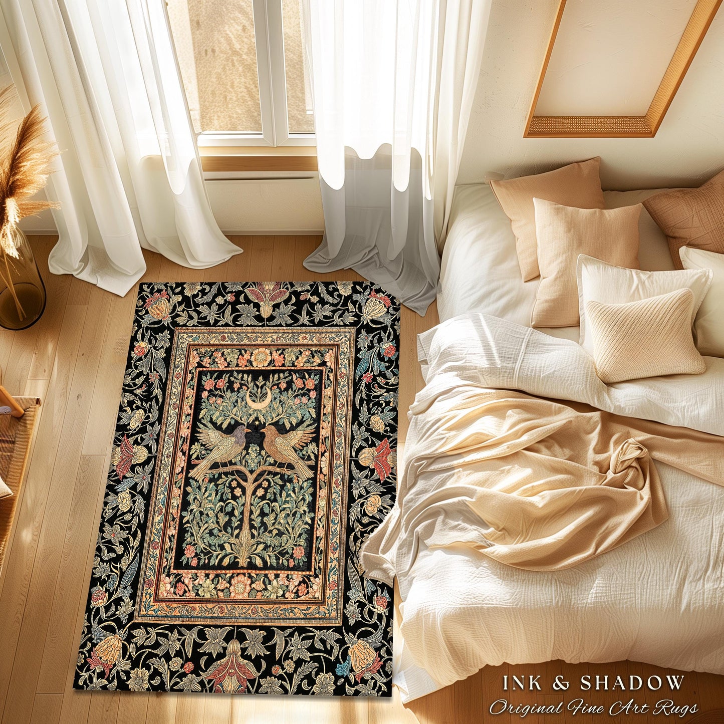 Fairytale Forest Crowcore Accent Rug | Baroque Cottagecore Style Celestial Raven Lovers Decor Cozy Dark Academia Inspired Enchanted Style |