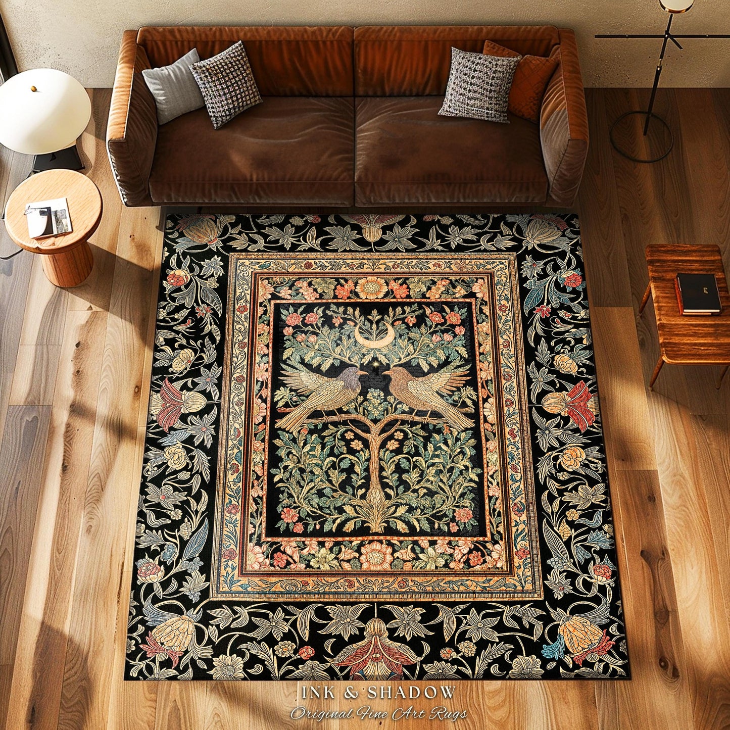 Fairytale Forest Crowcore Accent Rug | Baroque Cottagecore Style Celestial Raven Lovers Decor Cozy Dark Academia Inspired Enchanted Style |