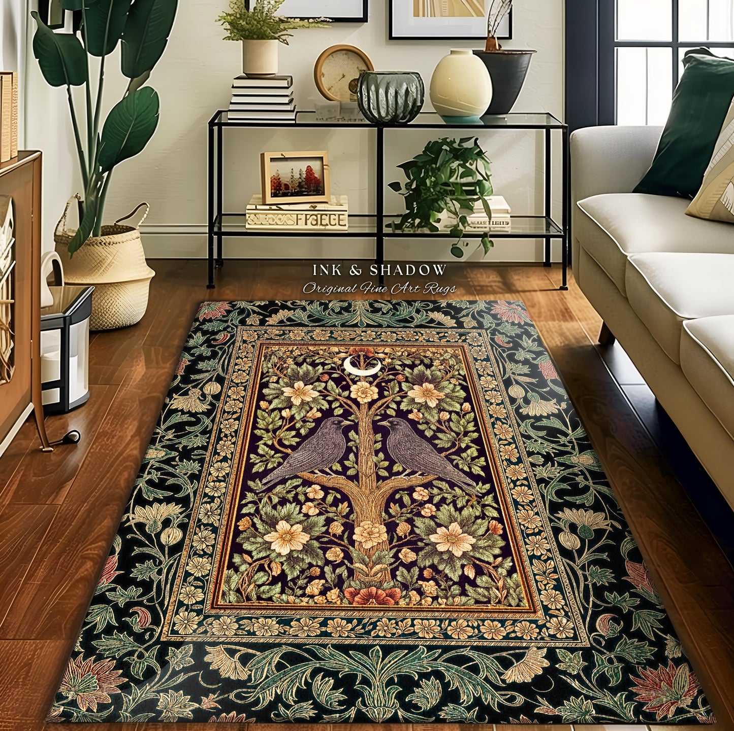 Bohemian Botanical Bird Rug | Cozy Baroque Floral Decor Cottagecore Accent Rustic Victorian Style Bedroom Crowcore Autumnal Dark Fairytale