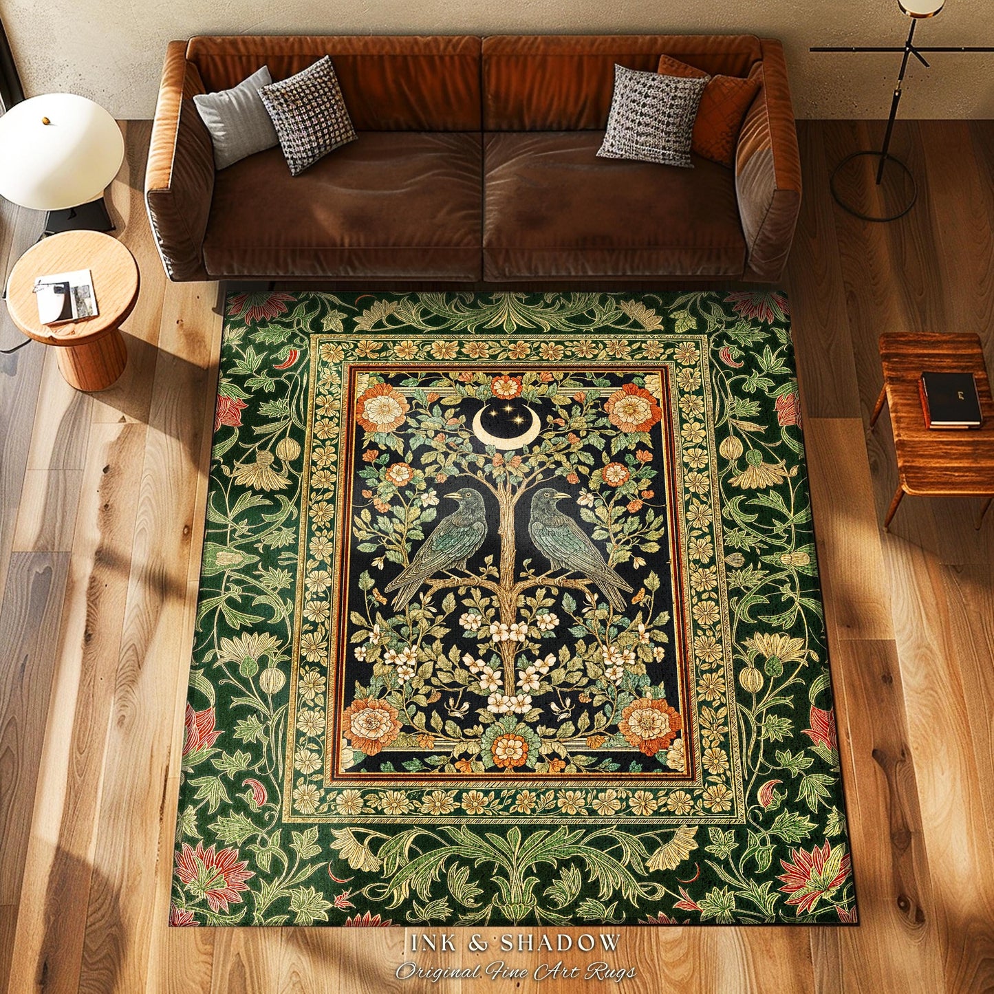 Rustic Garden Maximalist Raven Rug | Gothic Cottagecore Decor Baroque Forest Style Cozy Autumnal Accent Botanical Bedroom Antique Inspired