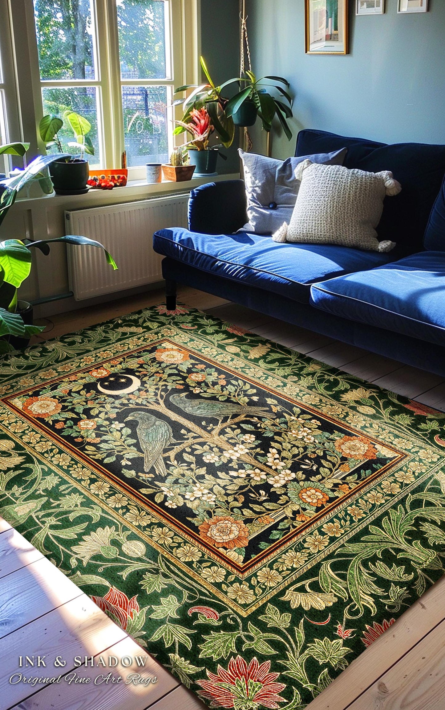 Rustic Garden Maximalist Raven Rug | Gothic Cottagecore Decor Baroque Forest Style Cozy Autumnal Accent Botanical Bedroom Antique Inspired