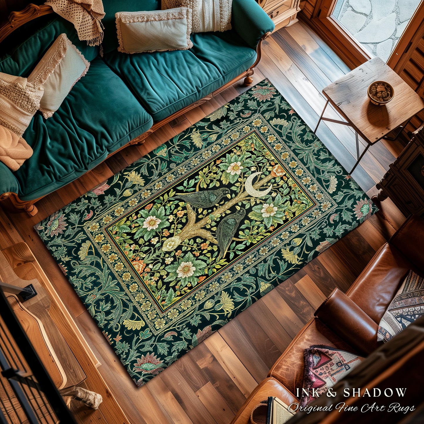 Muted Green Botanical Raven Rug | Rustic Forest Decor Baroque Celestial Accent Cottagecore Bedroom Vintage Inspired Enchanted Fairytale Boho
