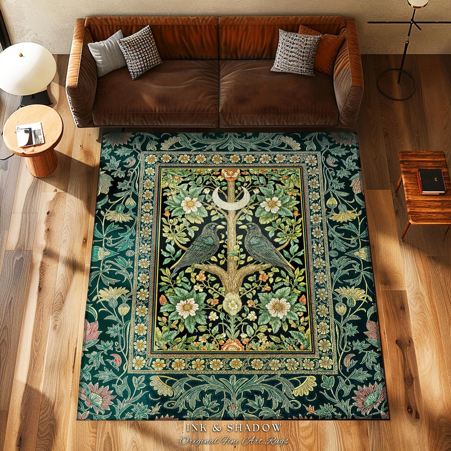 Muted Green Botanical Raven Rug | Rustic Forest Decor Baroque Celestial Accent Cottagecore Bedroom Vintage Inspired Enchanted Fairytale Boho