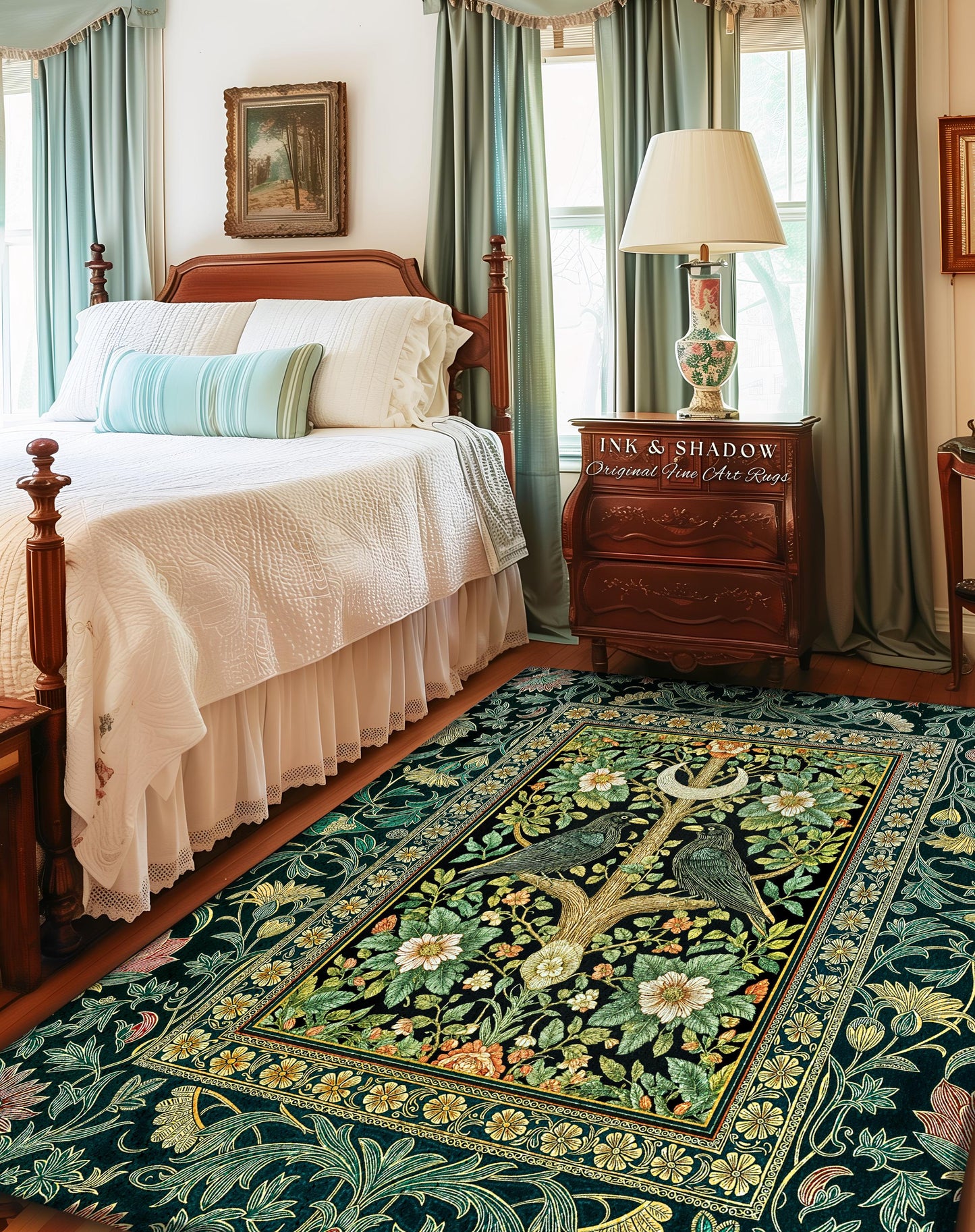 Muted Green Botanical Raven Rug | Rustic Forest Decor Baroque Celestial Accent Cottagecore Bedroom Vintage Inspired Enchanted Fairytale Boho