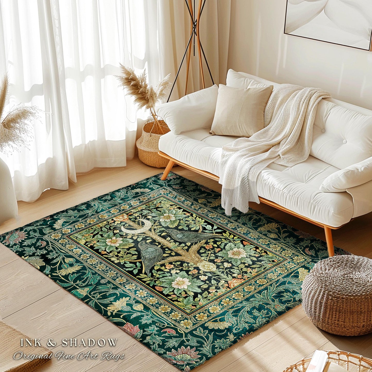 Muted Green Botanical Raven Rug | Rustic Forest Decor Baroque Celestial Accent Cottagecore Bedroom Vintage Inspired Enchanted Fairytale Boho