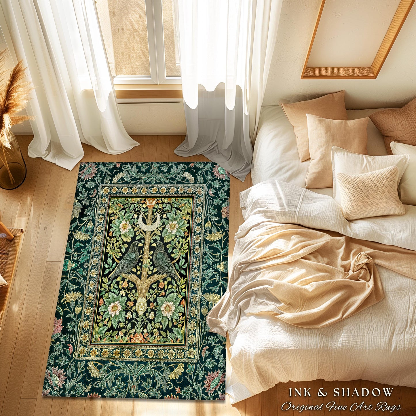 Muted Green Botanical Raven Rug | Rustic Forest Decor Baroque Celestial Accent Cottagecore Bedroom Vintage Inspired Enchanted Fairytale Boho