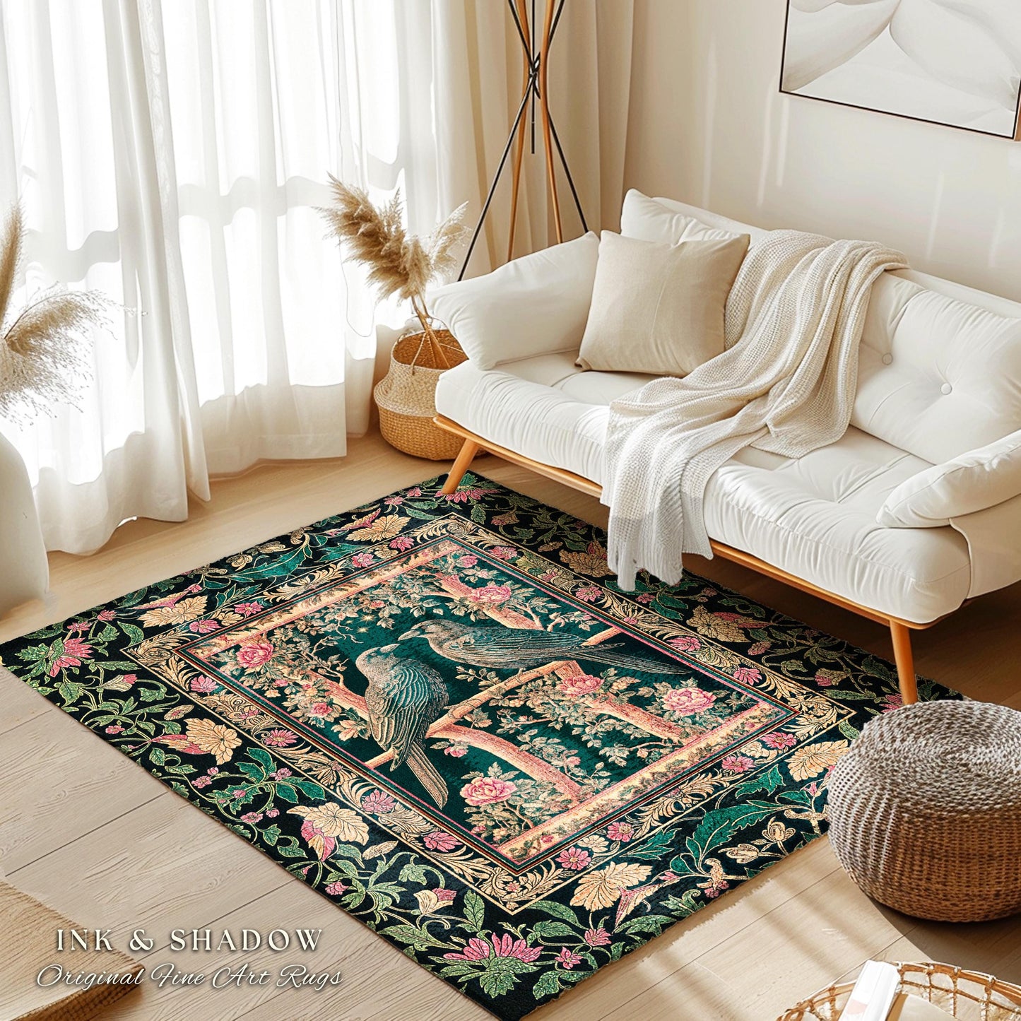 Enchanted Storybook Floral Area Rug | Cottagecore Gothic Accent Dark Academia Baroque Botanical Celestial Bedroom Mystical Maximalist Ravens