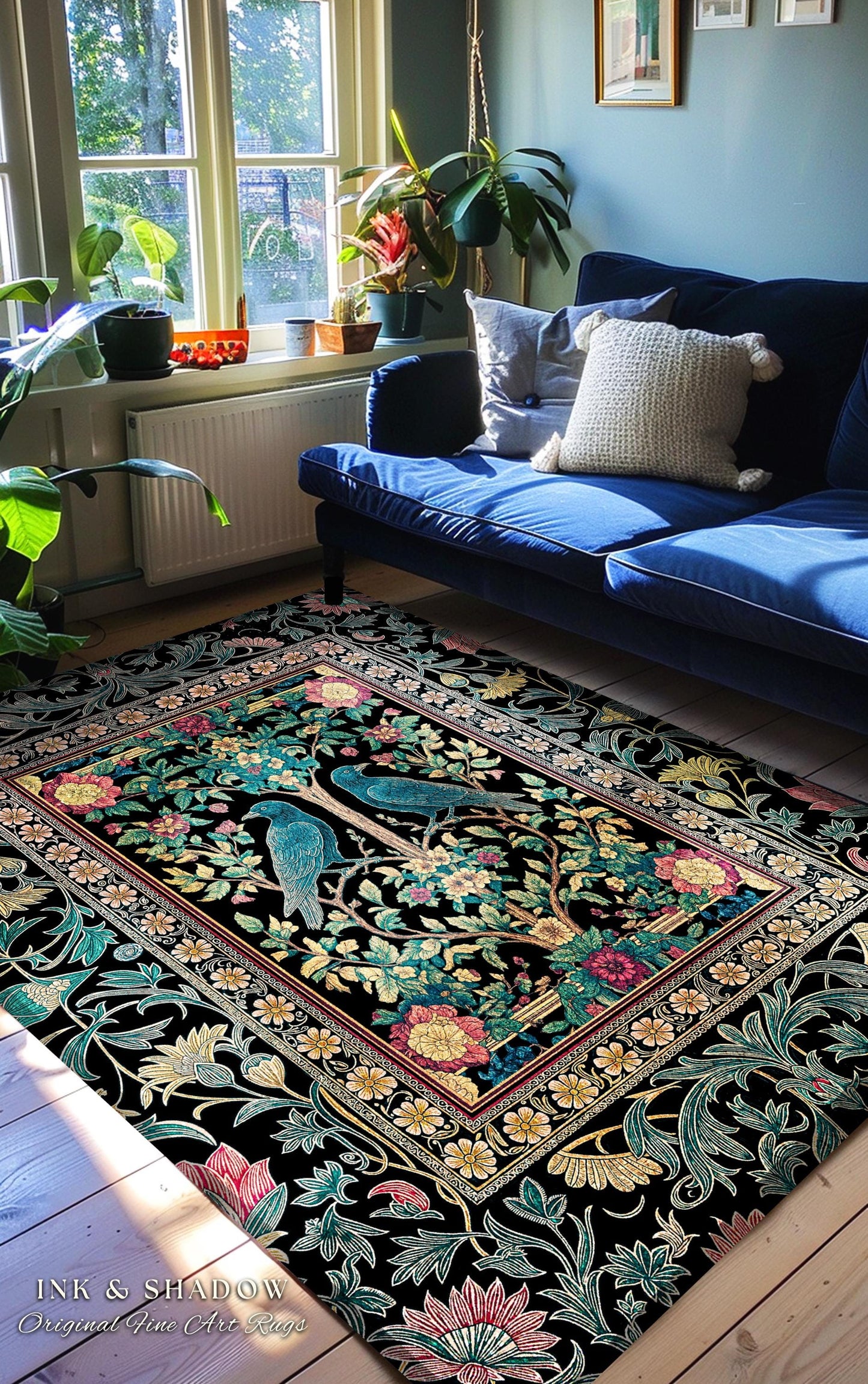 Retro Floral Baroque Crow Area Rug | Antique Inspired Decor French Cottage Accent Autumnal Aesthetic Celestial Bedroom Mystical Enchanted |