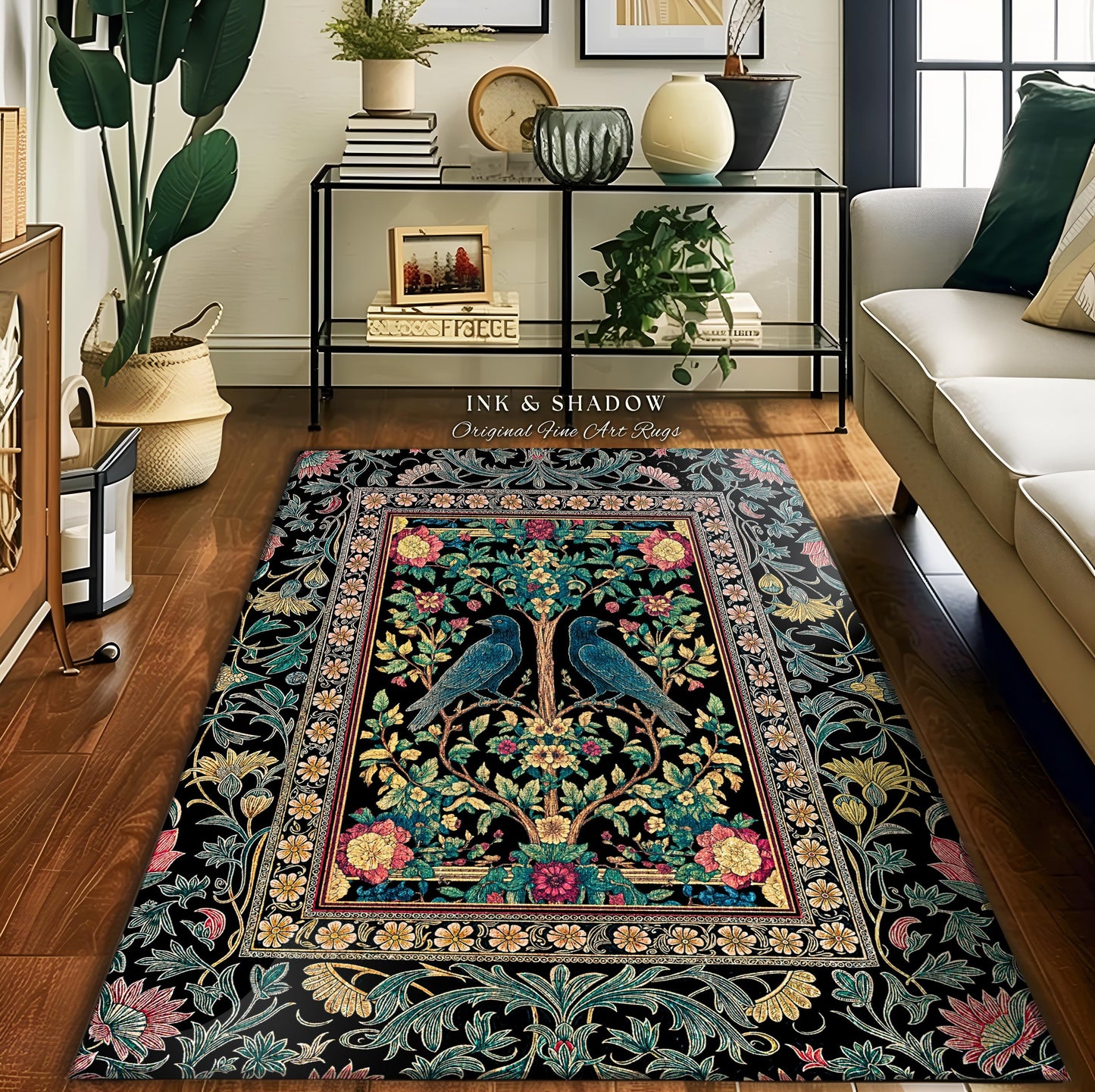 Retro Floral Baroque Crow Area Rug | Antique Inspired Decor French Cottage Accent Autumnal Aesthetic Celestial Bedroom Mystical Enchanted |