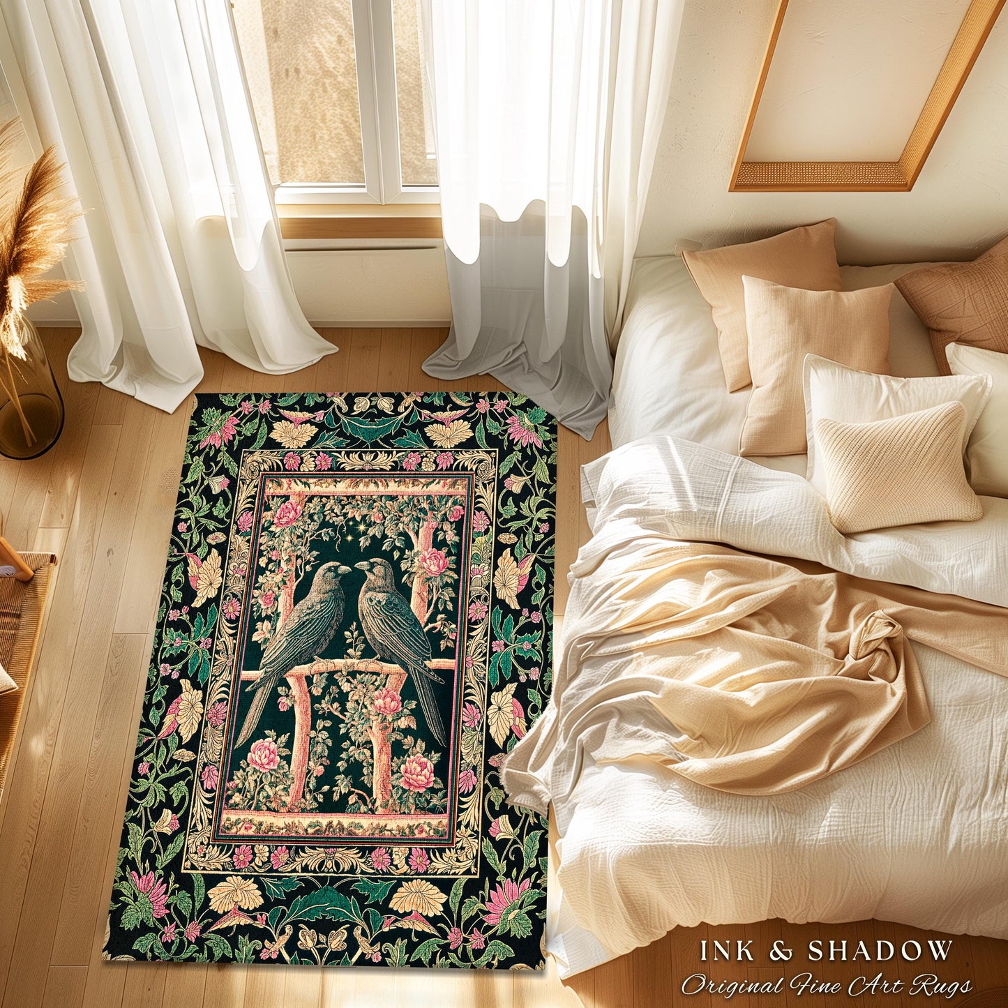 Enchanted Storybook Floral Area Rug | Cottagecore Gothic Accent Dark Academia Baroque Botanical Celestial Bedroom Mystical Maximalist Ravens