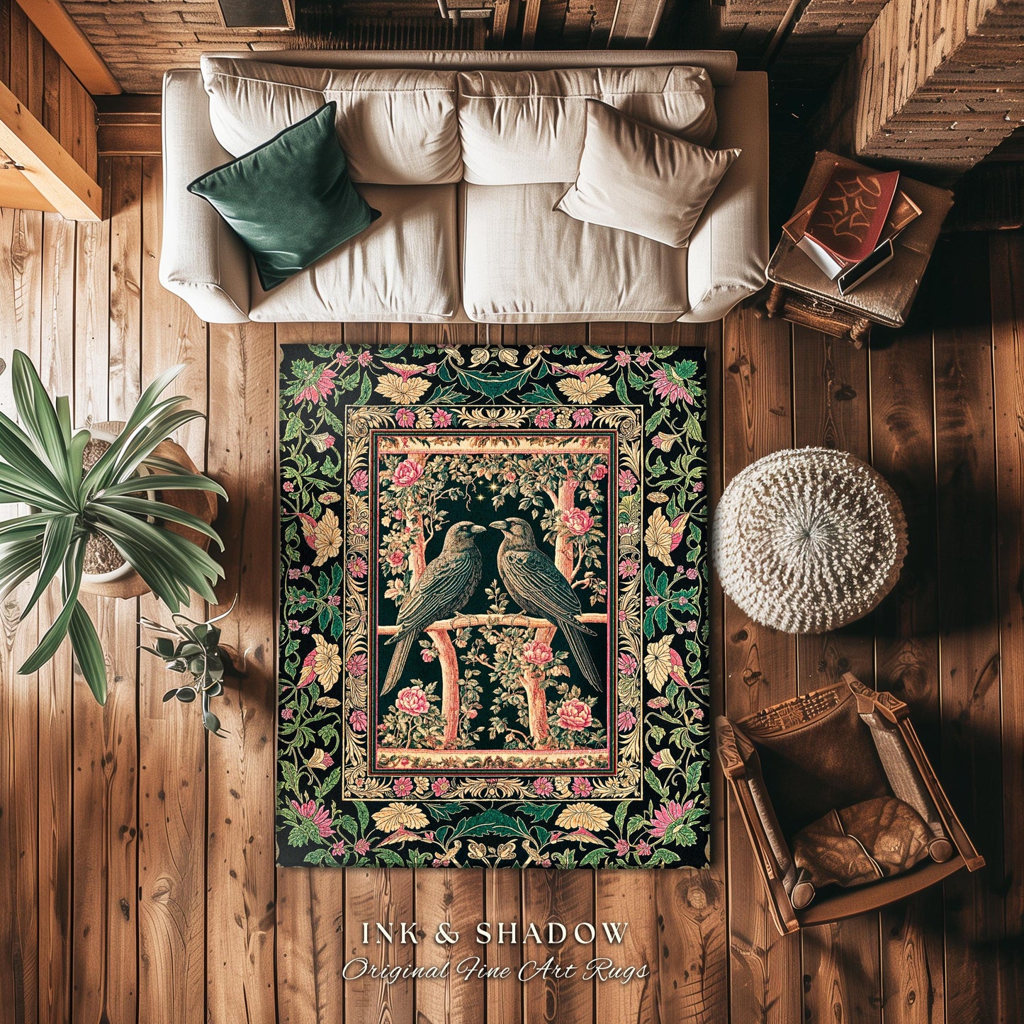 Enchanted Storybook Floral Area Rug | Cottagecore Gothic Accent Dark Academia Baroque Botanical Celestial Bedroom Mystical Maximalist Ravens