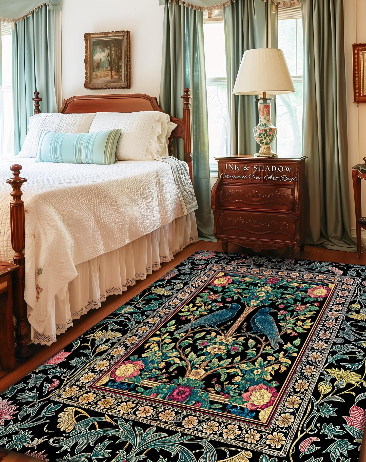 Retro Floral Baroque Crow Area Rug | Antique Inspired Decor French Cottage Accent Autumnal Aesthetic Celestial Bedroom Mystical Enchanted |