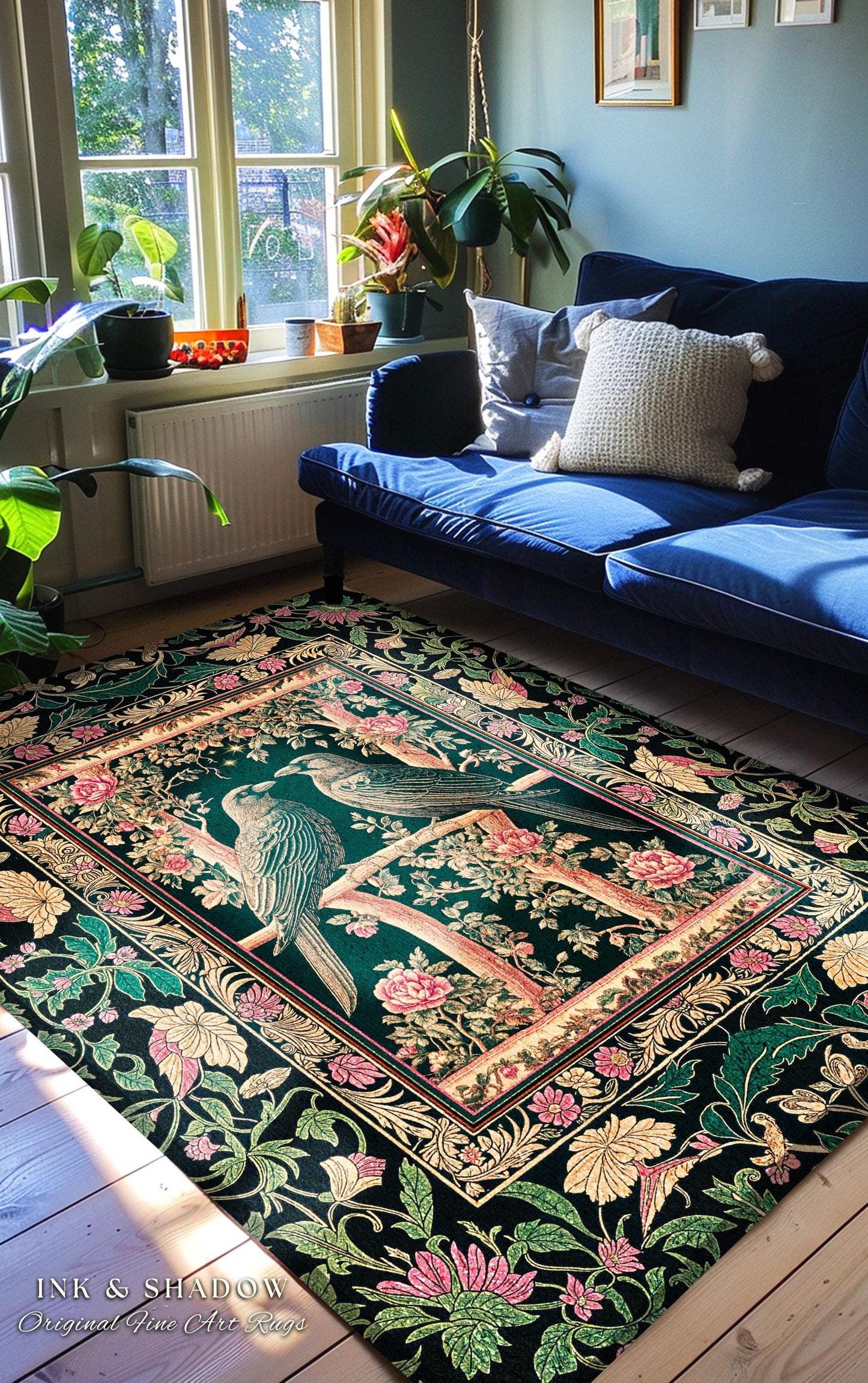 Enchanted Storybook Floral Area Rug | Cottagecore Gothic Accent Dark Academia Baroque Botanical Celestial Bedroom Mystical Maximalist Ravens
