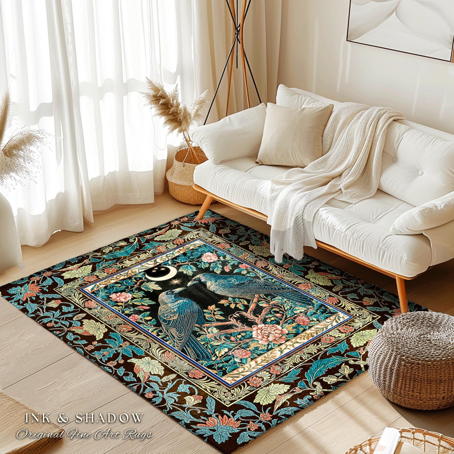 Midnight Garden Gothic Raven Rug | Celestial Victorian Accent Cozy Cottagecore Forest Style Antique Inspired Baroque Dark Academia Bedroom |