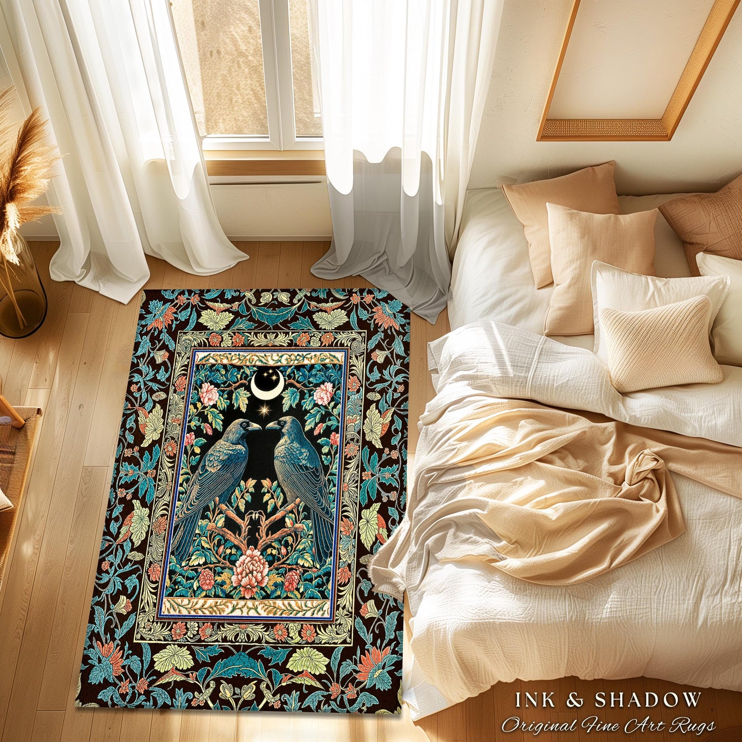 Midnight Garden Gothic Raven Rug | Celestial Victorian Accent Cozy Cottagecore Forest Style Antique Inspired Baroque Dark Academia Bedroom |