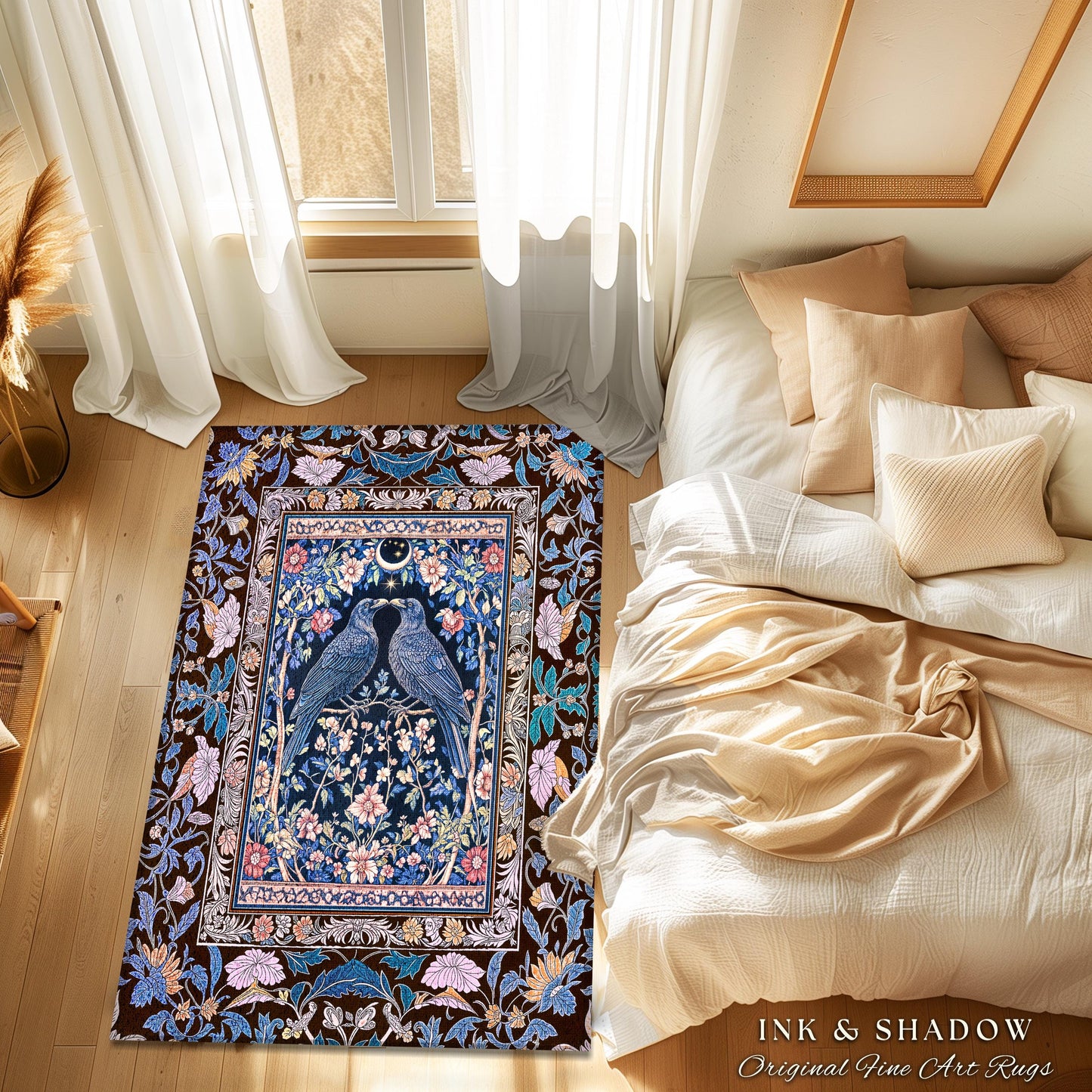 Pastel Whimsical Style Raven Rug | Medieval Maximalist Baroque Inspired Cottagecore Home Accent Light Academia Decor Antique Style Bedroom