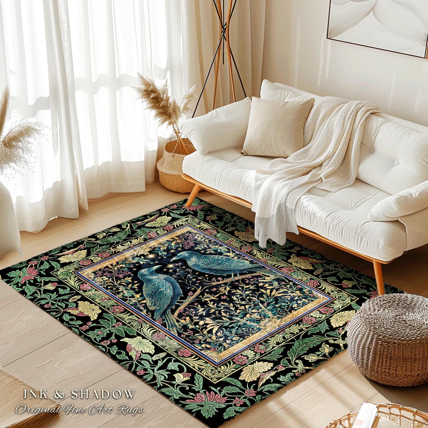 Raven Lovers Jade Celestial Crow Rug | Dark Academia Scandinavian Folklore Decor Cozy Home Baroque Carpet Mystical Fairytale Antique Accent