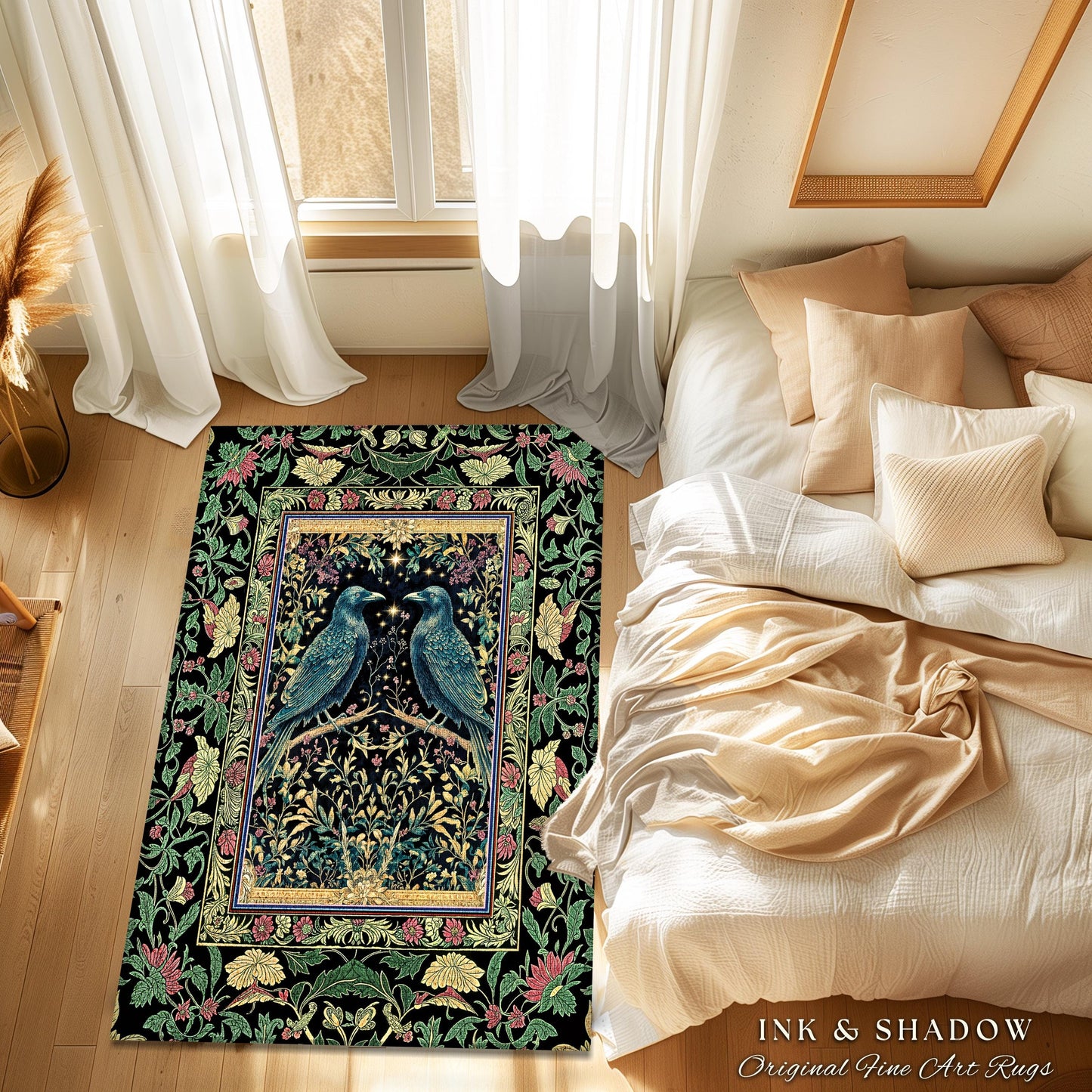 Raven Lovers Jade Celestial Crow Rug | Dark Academia Scandinavian Folklore Decor Cozy Home Baroque Carpet Mystical Fairytale Antique Accent