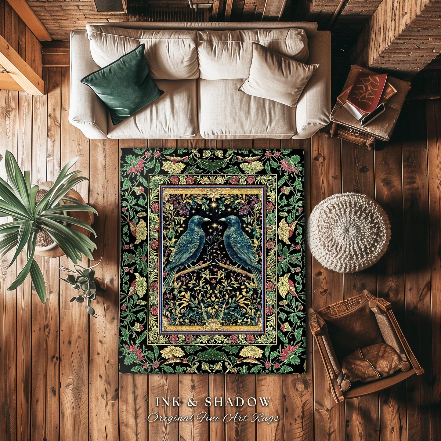 Raven Lovers Jade Celestial Crow Rug | Dark Academia Scandinavian Folklore Decor Cozy Home Baroque Carpet Mystical Fairytale Antique Accent