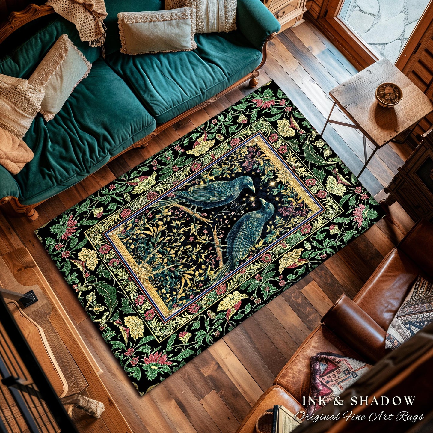 Raven Lovers Jade Celestial Crow Rug | Dark Academia Scandinavian Folklore Decor Cozy Home Baroque Carpet Mystical Fairytale Antique Accent